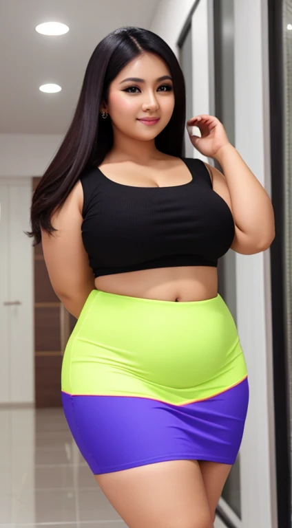 Indonesian aunty sexy and beautiful,
curvy chubby body, big breasts, wearing random colored tight clothes, wearing a mini skirt,