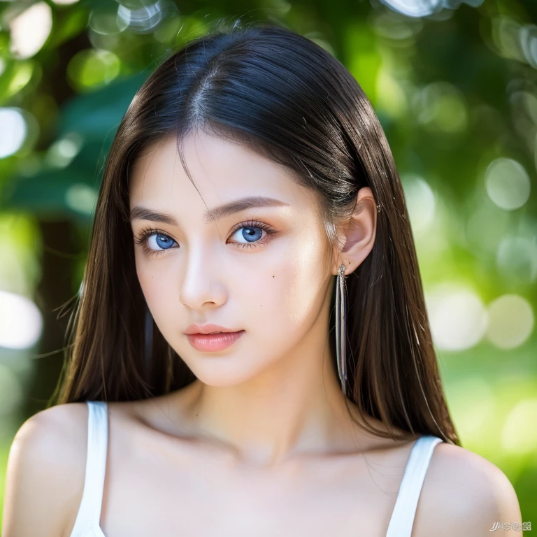 1girl in, age19, Solo, Super long straight hair, Colossal tits, Looking at Viewer, ((shiny bright black hair))、small mole on the mouth、de pele branca、Beautiful skin、glowy skin、Gloss Face、Teak Gloss、Bare shoulders, jewely, Full body, (Very detailed 8k wallpaper), Soft lighting, high detailing, Sharp Focus,(Natural light), (gros-plan:1.2), (Seductive), off shoulder t-shirt, Realistic, A sexy、beautiful big white and pale blue eyes、eye liner、