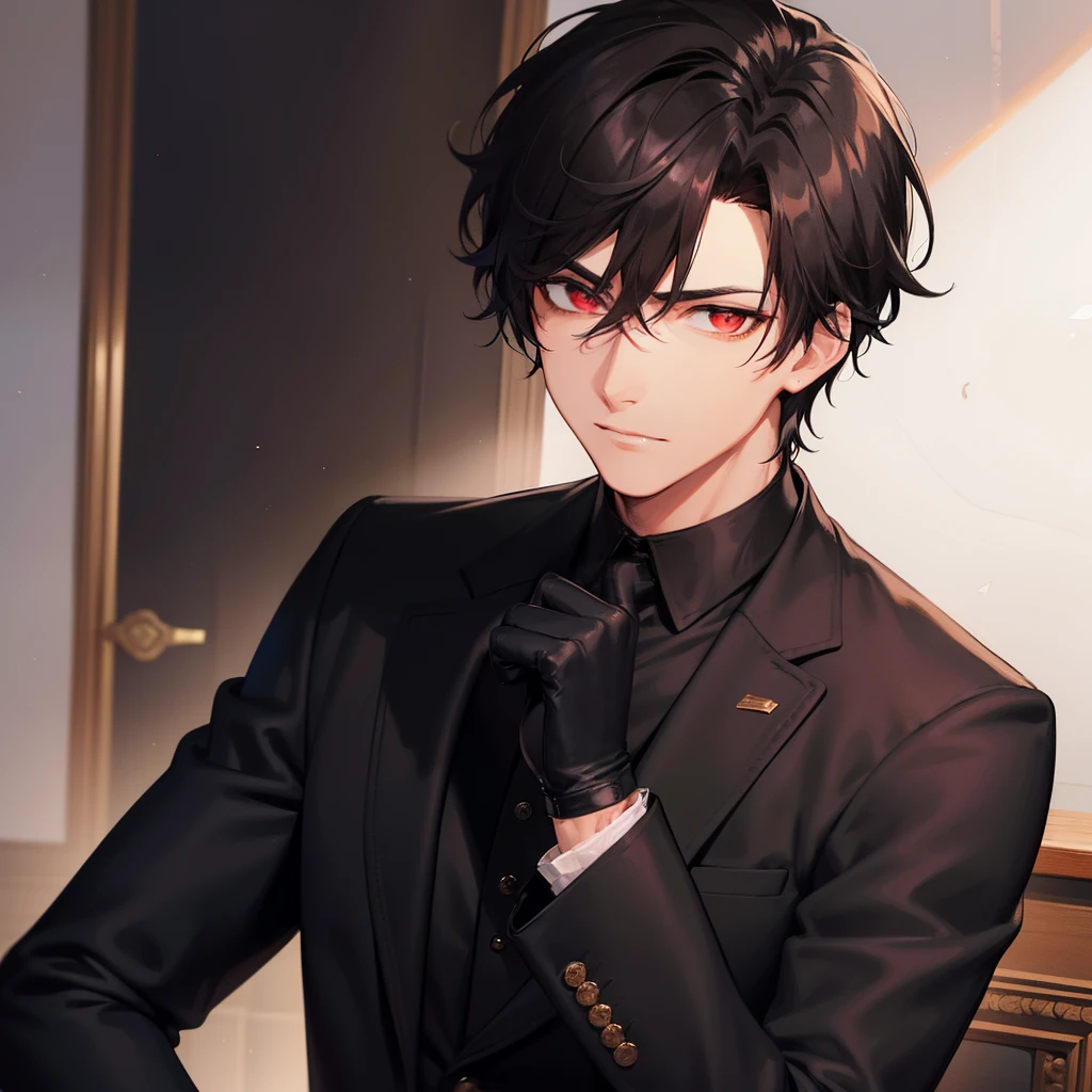 A handsome man with deep red eyes and blackish hair, wearing a all black suit, black gloves and looking at you coldly