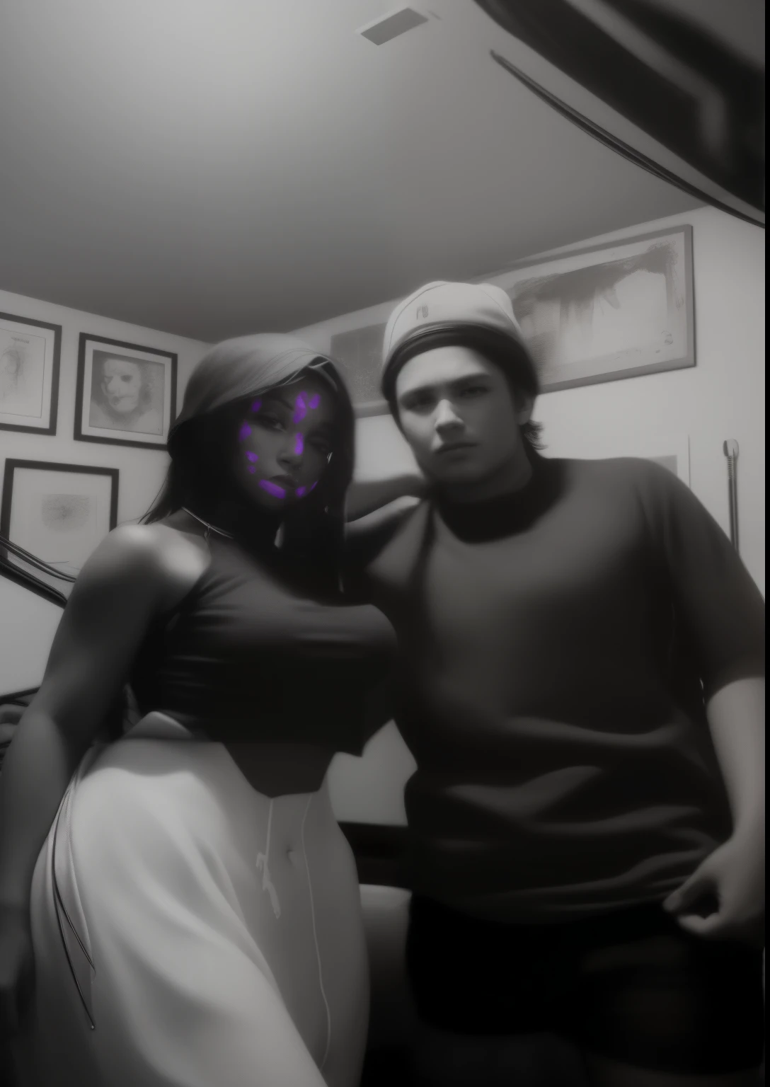 realistic, perfect anatomy, purple, eye makeup, black, baseball cap, nipples, choker, good hand,4k, high-res, masterpiece, best quality, finely detailed skin, sharp focus, collarbone, cinematic lighting [:(detailed face:1.2):0.2], small breasts, cleavage, shiny eyes, looking at viewer, ((puffy eyes)),