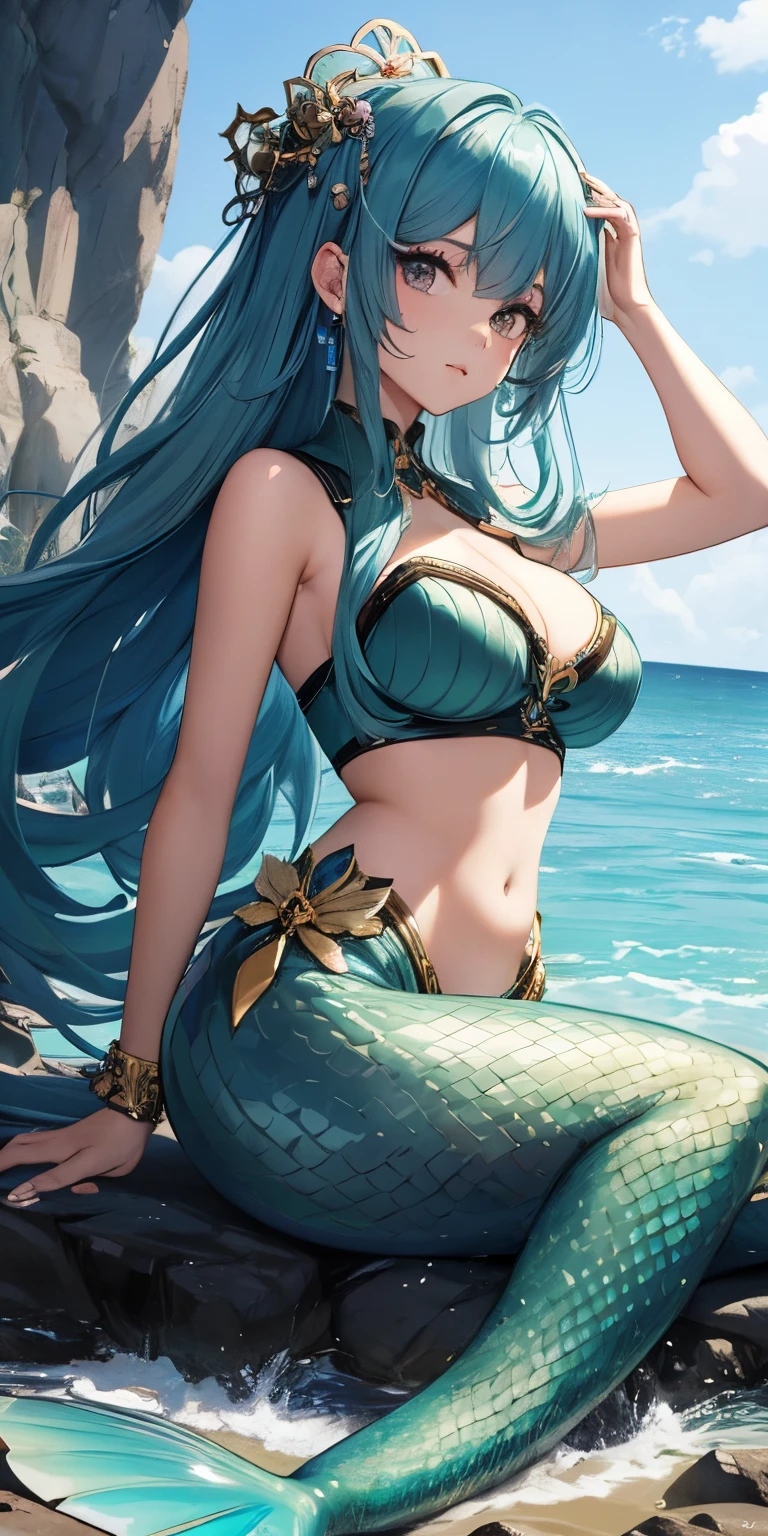 top-quality、Top image quality、masterpiece、mermaid。Rock。afro。Jade-colored hair。