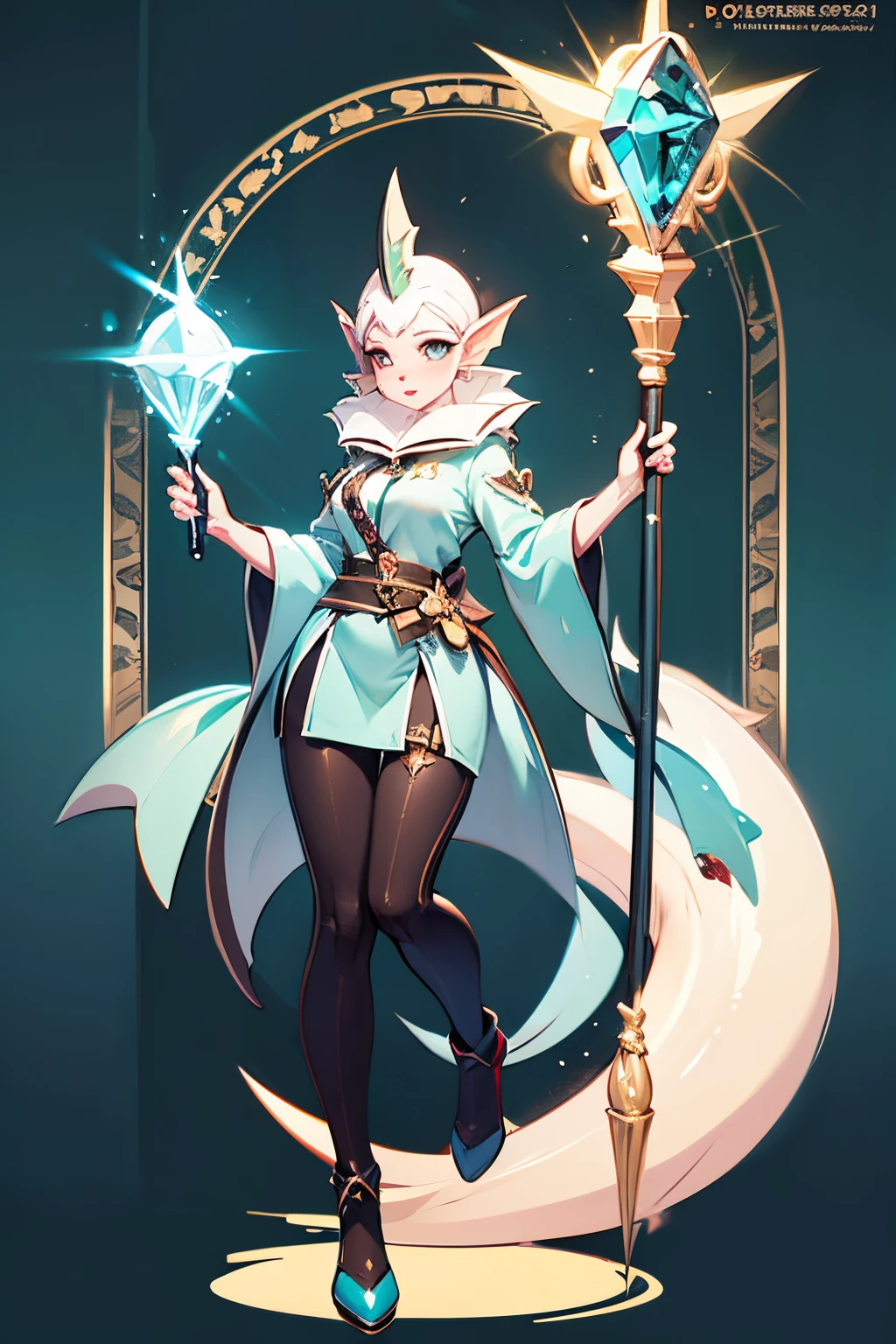 16k, HD, Professional, Highly Detailed, ((Masterpiece: 0.3)), (((High Quality))), Ultra-detailed face, Highly Detailed Lips, Detailed Eyes, full body, 1 female, dark elf, white hair, full body, standing, green eyes, slight blush, green and blue colored mage robes, thin body, staff, ice magic