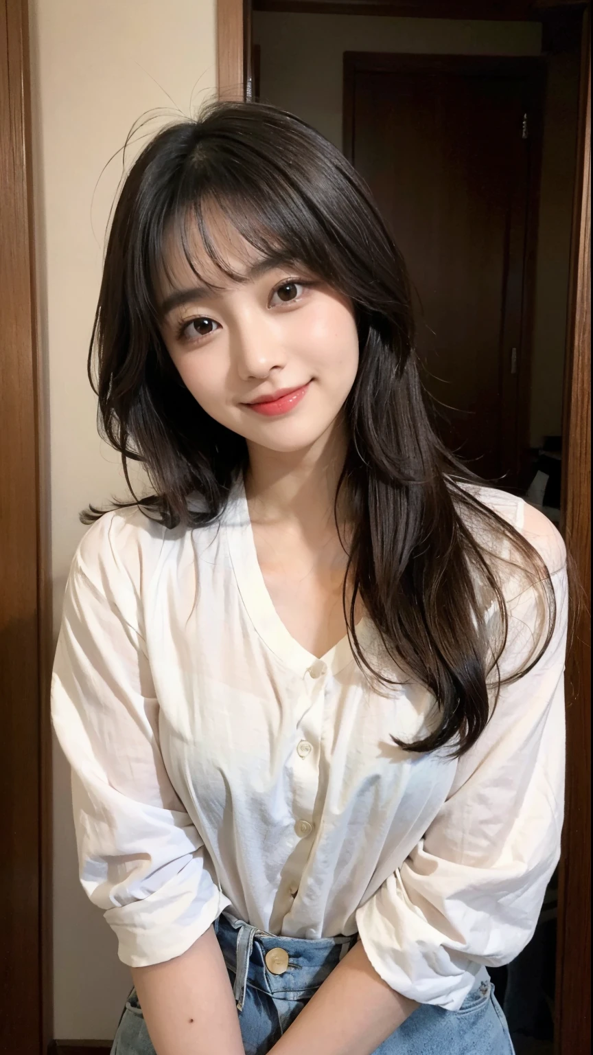 8k、highest quality、masterpiece、超A high resolution、photograph、The elegance of beautiful Japanese women、Single-lens reflex camera、There are some good ones too、A transparent atmosphere、sexy lip、slanted bangs、beautiful face、long hair、make bangs、smile、natural soft light、26 year old girl、Wake up、pajamas、bed、sit、white wall、window、Asahi