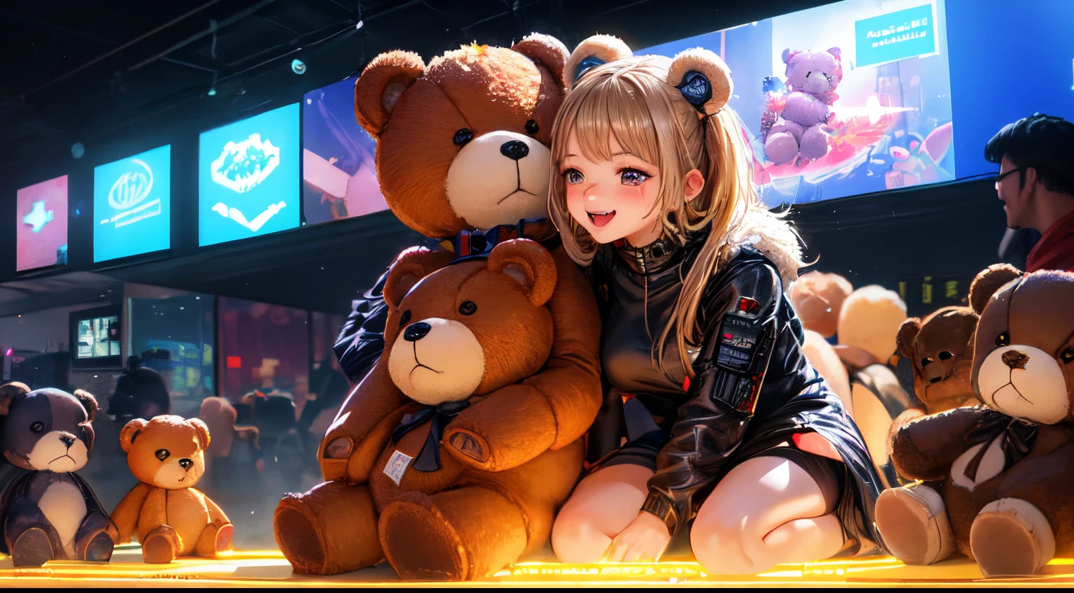 Cyberpunk style background,laser,The cities of the future,A group of happy teddy bears,Extremely cute furry artist teddy bear baby having fun wearing dress,Gorgeous fantasy imagination background,Ultra HD large image,artist style,Rich and professional lighting effects,A group of little teddy bears playing,Perfect facial detail,