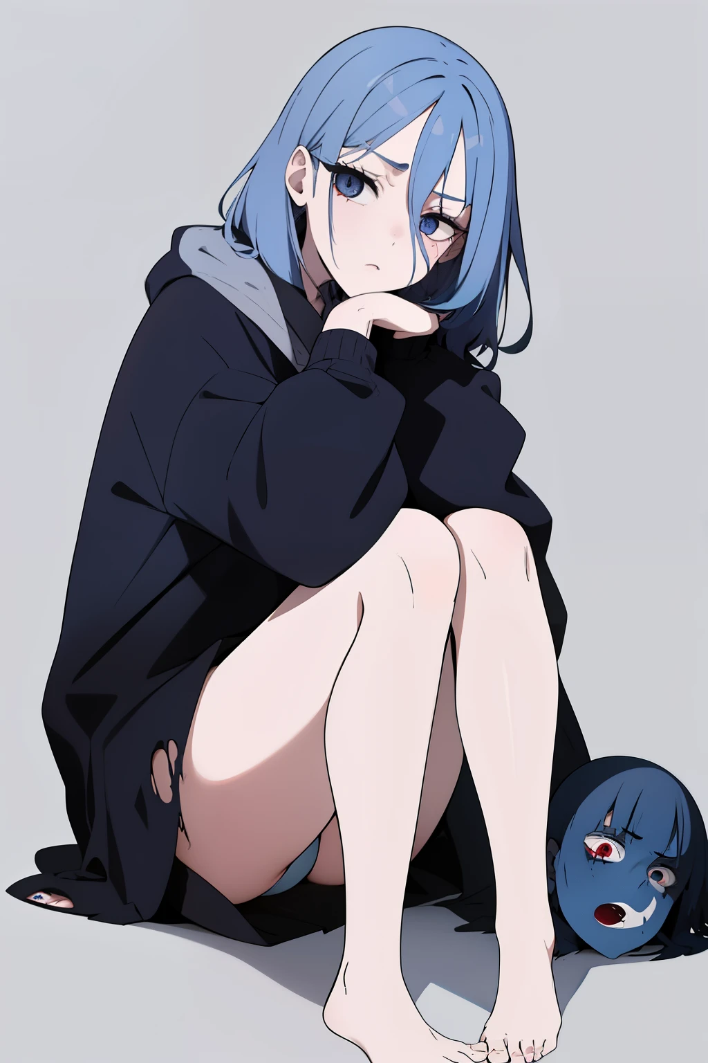 Cute girl , blue hair , Patchwork face , black clothes , One dark blue eye and one gray eye , adult girl , full body , Light blue hair , Patchwork face, stitched face, torn face