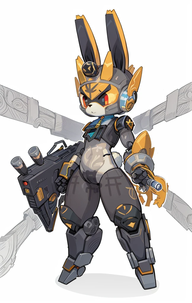 Mario transforms into a mechanical rabbit as Genshin Impact character, Cartoon image of robot rabbit holding gun, Genshin character, droid, sci-fy,All over red and blue,vibrant with colors