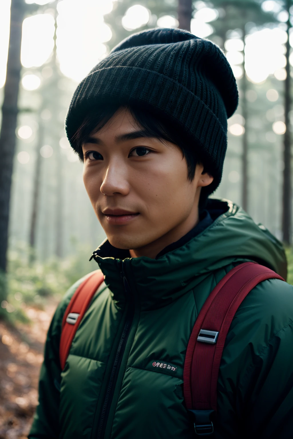 1 asian man ((Upper body selfie,cheerfulness)), tmasterpiece, Best quality at best, ultra - detailed, soio, exteriors, (natta), mont, naturey, (As estrelas, themoon) cheerful, cheerfulness, backpacks, sleeping bag, Camping stove, water bottel, hiking boots, mitts, Sweaters, Hats, flashlights, ln the forest, Rochas, flod, wood, smog, shadowing, to contrast, sunny clear sky, styled (looki at viewer: 1.2) (skin textures) (filmgrain: 1.3), (a warm color palette、a warm color palette)