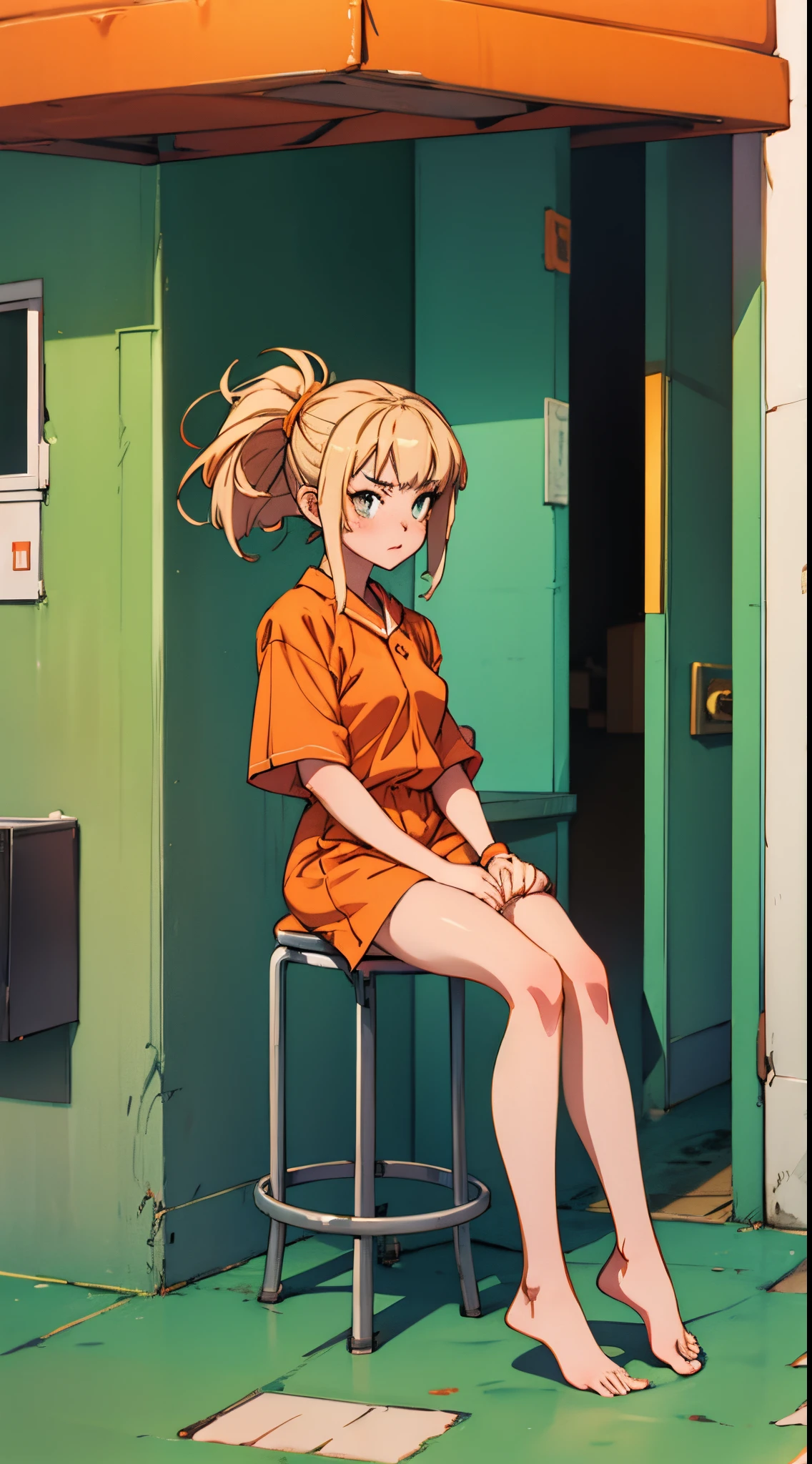 Anime girl barefoot and wearing orange prison uniform