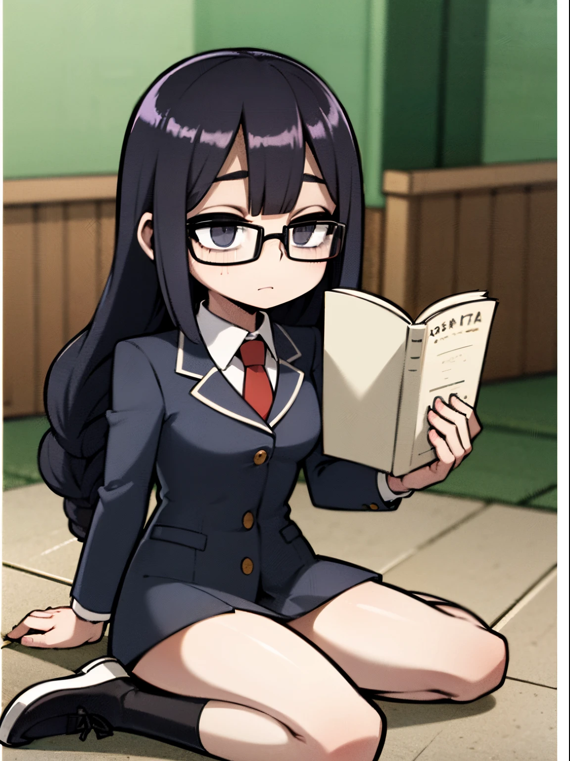 ((melhor qualidade, 8k, best resolution, perfect quality, ultra detalhado, sharped image)), pele oleosa, pele suado, roupas molhadas, 1girl, sozinho, cabelos pretos, corar, livro, braided hair, glasses, seios grandes, Uniforme escolar, Estudante, SHOES, saia, Meias, esticado , coxas grossas, Coxas