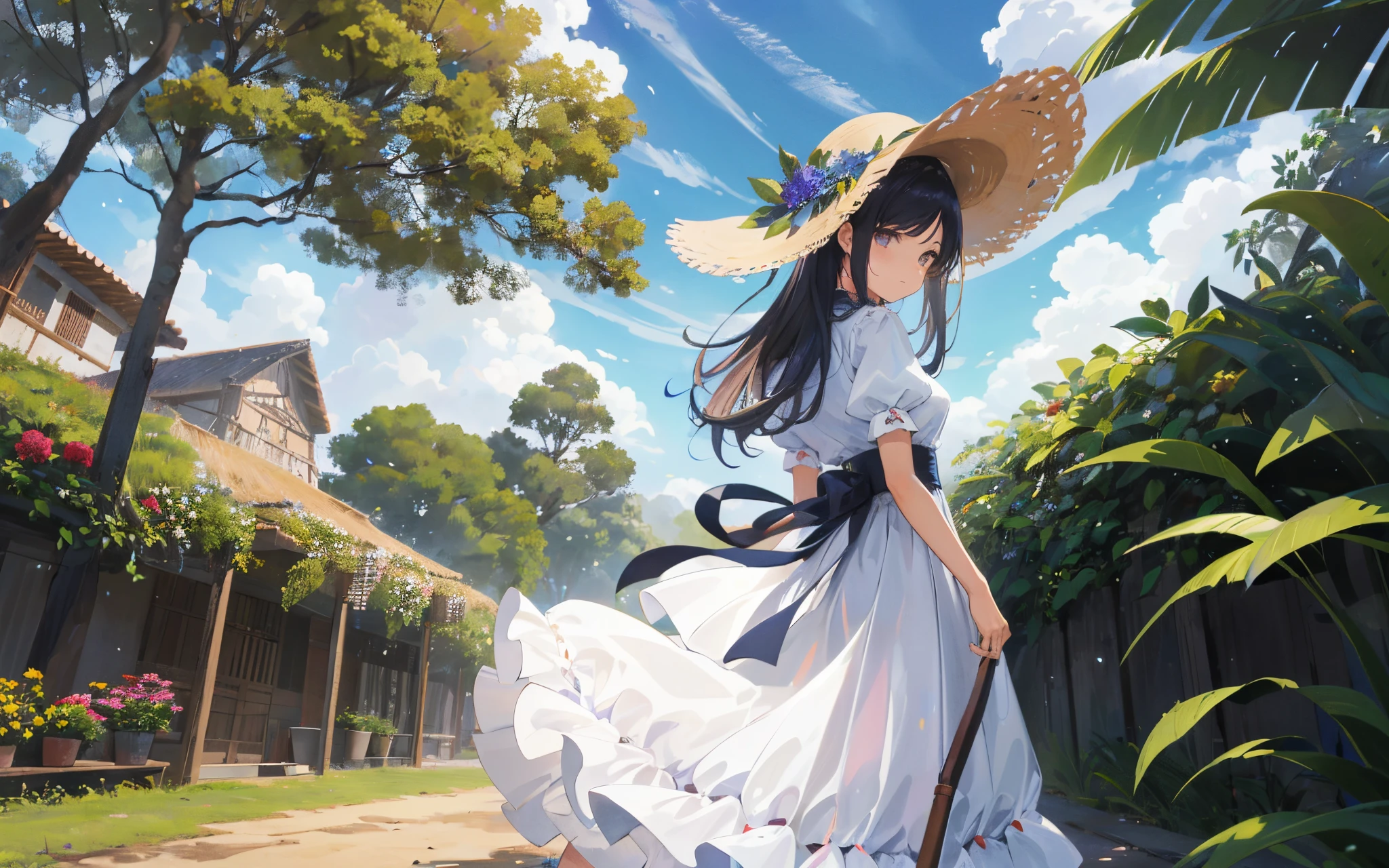 Obra maestra, La mejor calidad, finamente detallado, High resolution, extremadamente delicado y hermoso, volumetric illumination, Las mejores sombras, poca profundidad de campo, 1 mujer, colombiana,  rodeada de flores, vestidoblanco, sombrero, sentada
