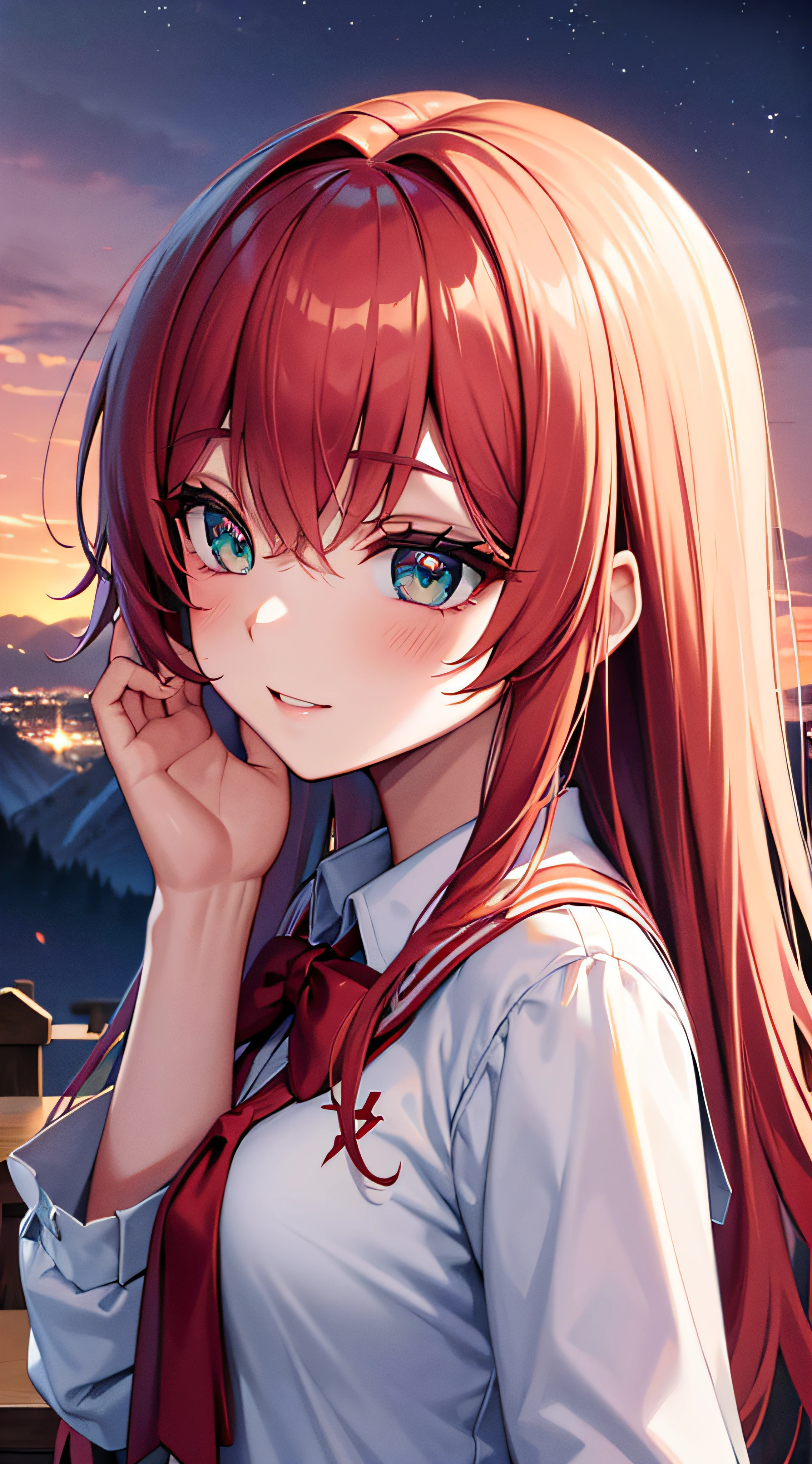 sora aoi, Best quality,emir, kita high school uniform, Green eyes, hair pin, Castle, outside, Continuous staring, mountain scene, looking at viewert,Night, Red sky, Blood Moon, Yandere trance, Yandere, hand on own face,hand on own cheek, blank eye, Blush, Hefty Smile, Jan Dres a mile, constricted pupil
