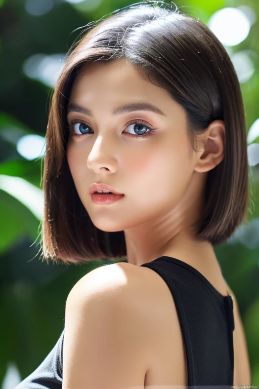 1girl in, age19, Solo, Medium short hair, Colossal tits, Looking at Viewer, ((shiny bright black hair))、de pele branca、Beautiful skin、glowy skin、Gloss Face、Teak Gloss、Bare shoulders, jewely, Full body, (Very detailed 8k wallpaper), Soft lighting, high detailing, Sharp Focus,(Natural light), (gros-plan:1.2), (Seductive), off shoulder t-shirt, Realistic, A sexy、beautiful big white and pale blue eyes、eye liner、