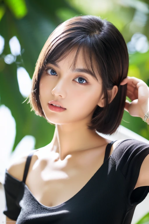 1girl in, age19, Solo, Medium short hair, Colossal tits, Looking at Viewer, ((shiny bright black hair))、de pele branca、Beautiful skin、glowy skin、Gloss Face、Teak Gloss、Bare shoulders, jewely, Full body, (Very detailed 8k wallpaper), Soft lighting, high detailing, Sharp Focus,(Natural light), (gros-plan:1.2), (Seductive), off shoulder t-shirt, Realistic, A sexy、beautiful big white and pale blue eyes、eye liner、