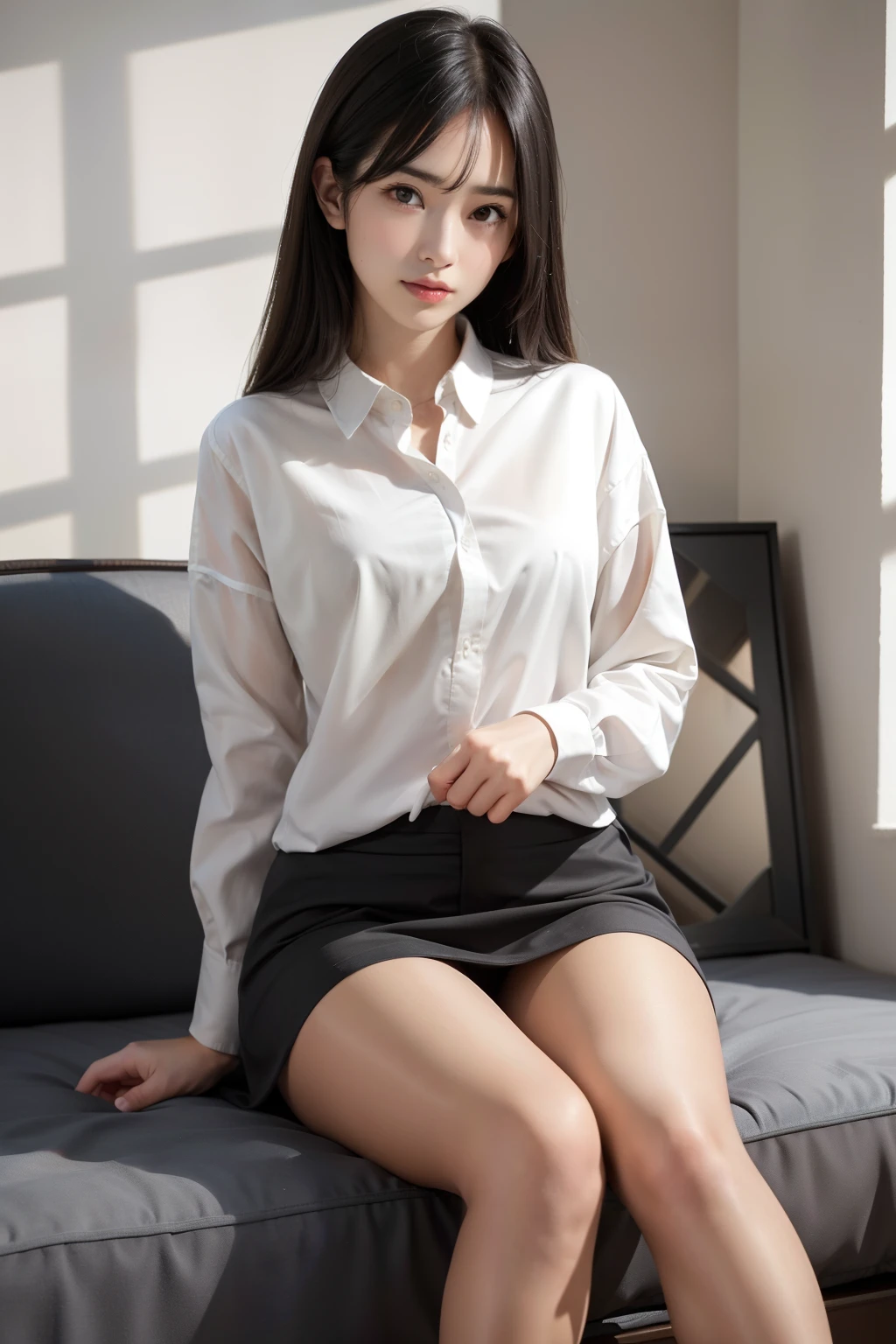 A woman sitting on a couch wearing a skirt and a white shirt - SeaArt AI
