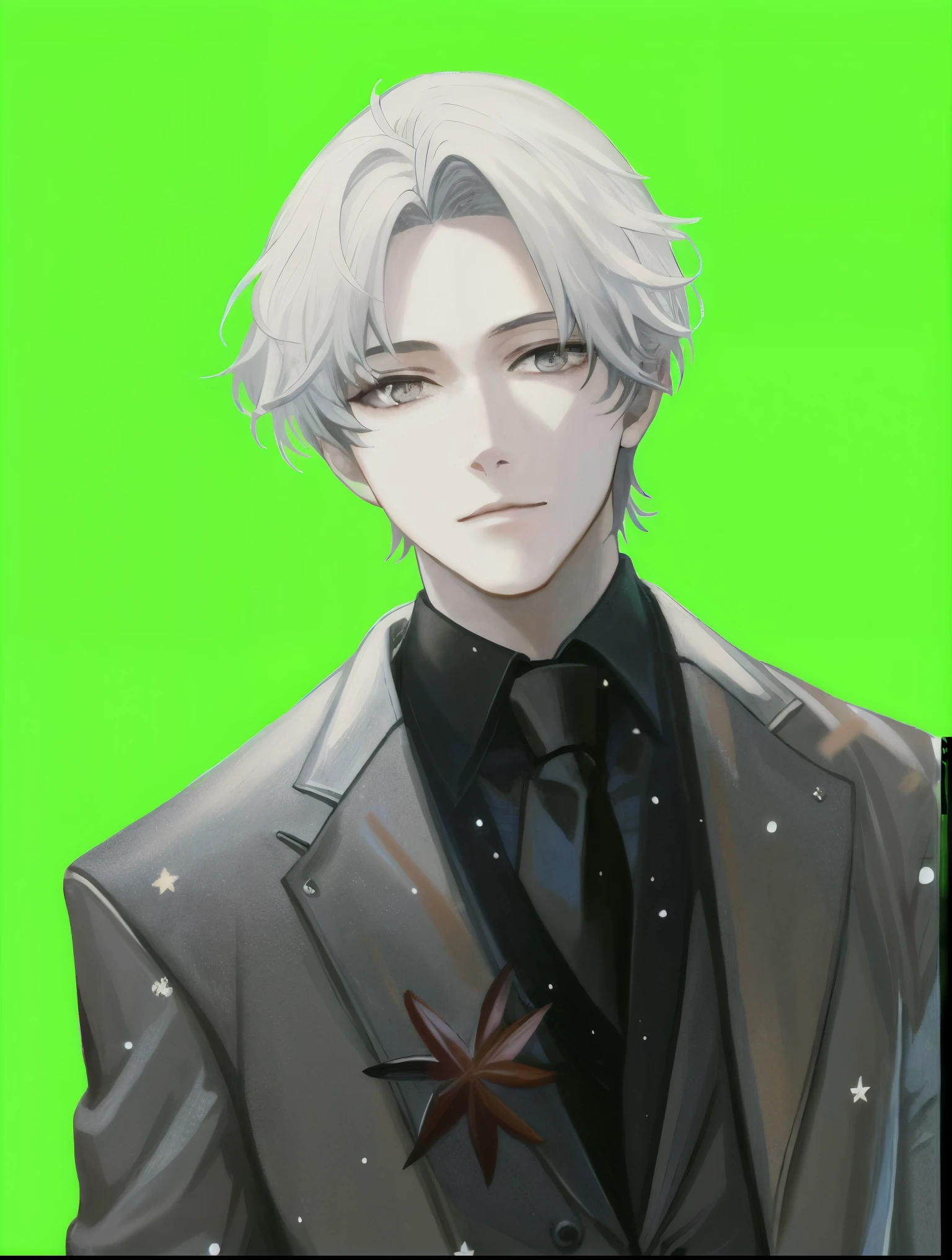 (best quality,4k,8k,highres,masterpiece:1.2), ultra-detailed, (realistic,photorealistic,photo-realistic:1.37), anime portrait, silver hair, black tie, holding stars, ticker, created in an anime artist studio, an anime male character with white hair, a handsome prince with androgynous features, silver hair, depicted in an anime artist studio, striking anime pose, delicate androgynous prince, silver-haired seductress