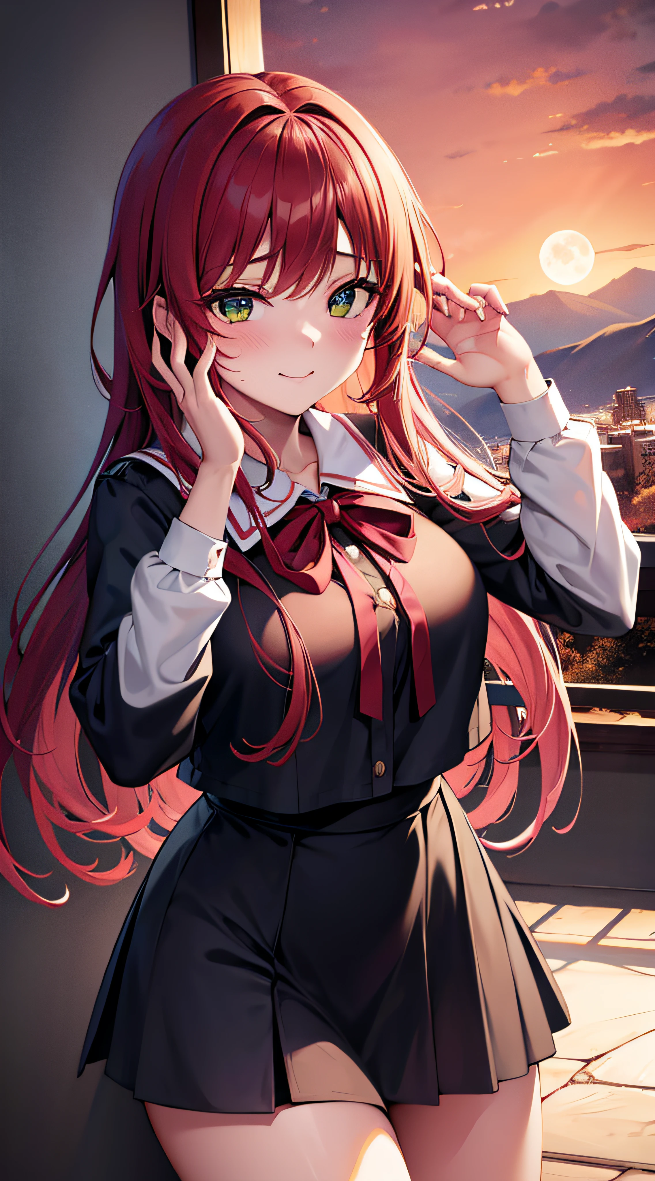 sora aoi, Best quality,emir, kita high school uniform, Green eyes, hair pin, Castle, outside, Continuous staring, mountain scene, looking at viewert,Night, Red sky, Blood Moon, Yandere trance, Yandere, hand on own face,hand on own cheek, blank eye, Blush, Hefty Smile, Jan Dres a mile, constricted pupil