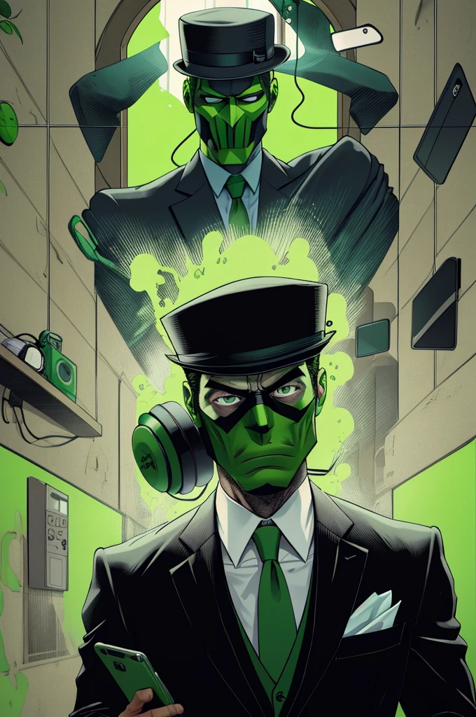 Head with black mask and green fedora and green head phone and suit