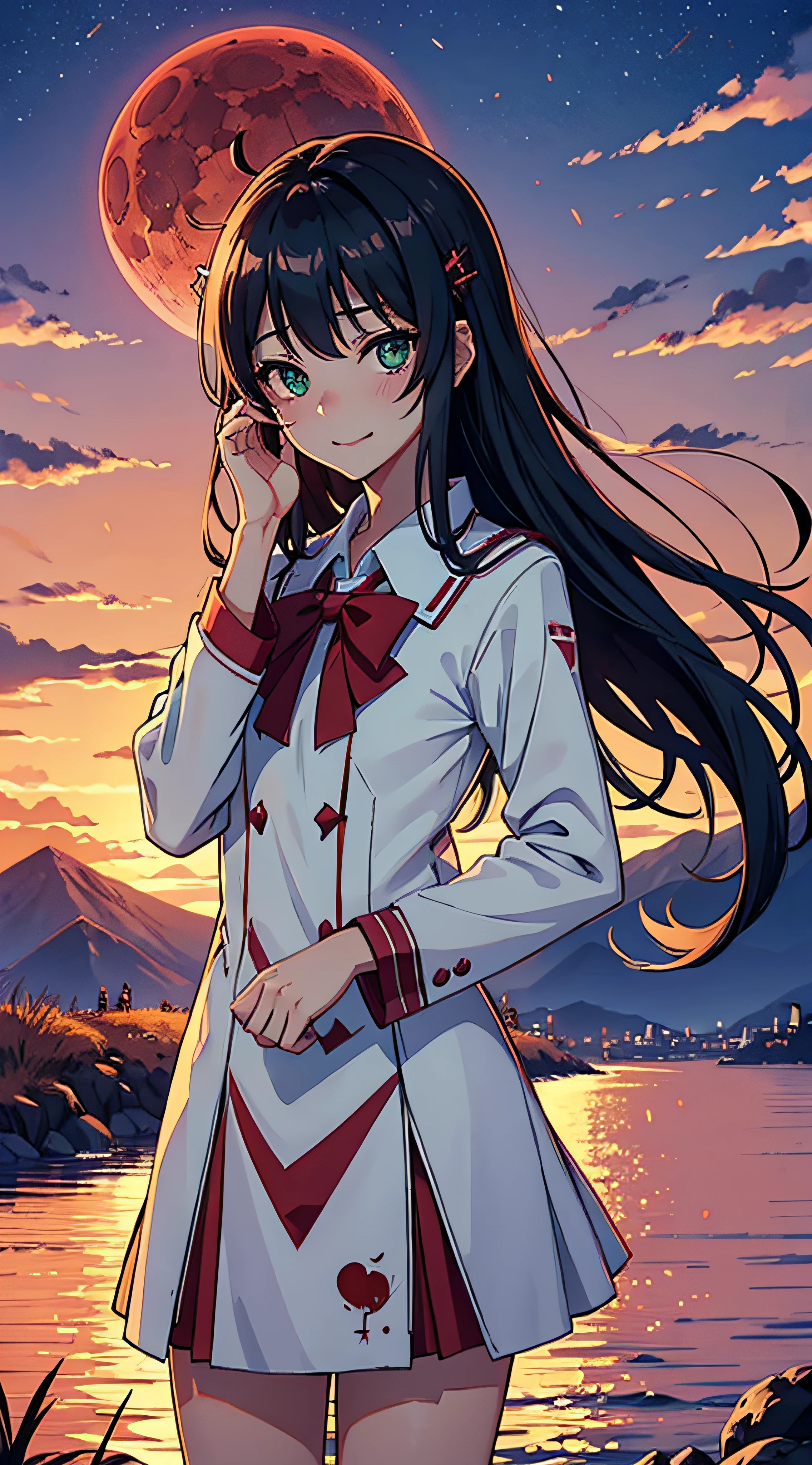 sora aoi, Best quality,emir, kita high school uniform, Green eyes, hair pin, Castle, outside, Continuous staring, mountain scene, looking at viewert,Night, Red sky, Blood Moon, Yandere trance, Yandere, hand on own face,hand on own cheek, blank eye, Blush, Hefty Smile, Jan Dres a mile, constricted pupil