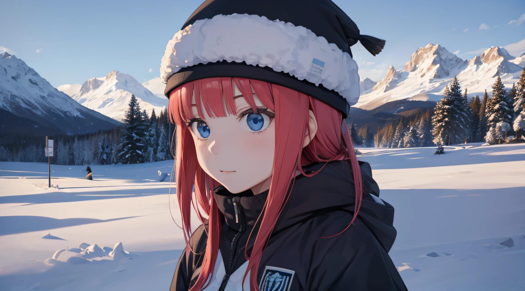 Nino Nakano,uniforme escolar con refugio,gorro,campo nevado