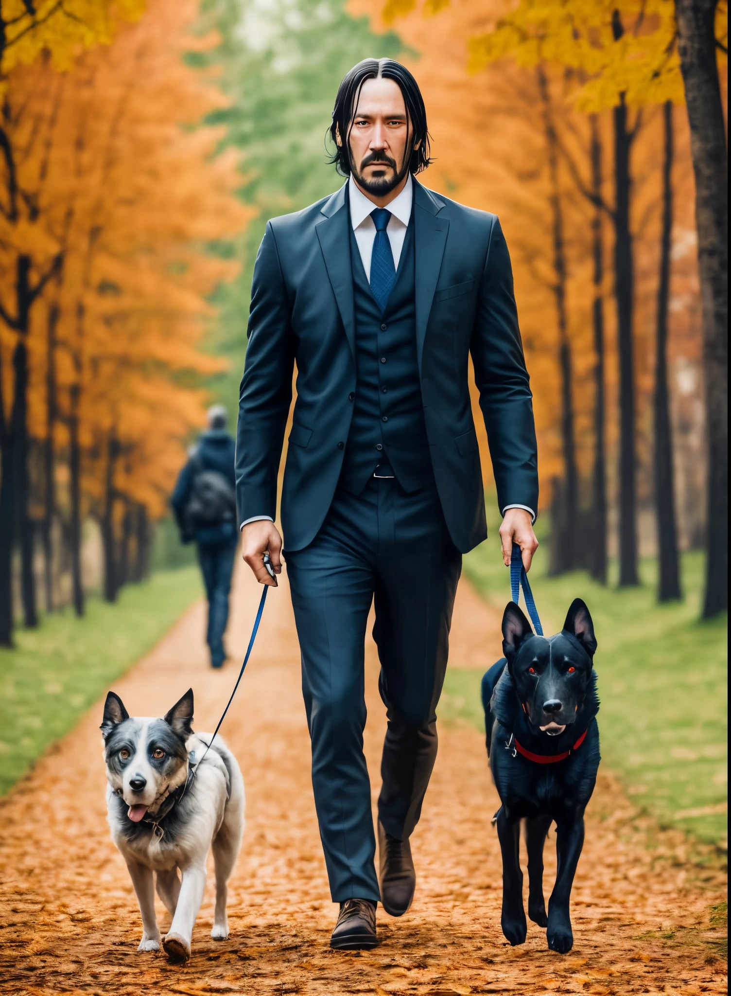 A man in detailed portrait of a bearded a man look like john wick in his early 40s walking his a dog in a park --auto --s2