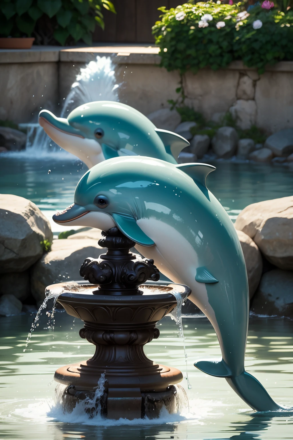 dolphin fountain, spouting water, splashing fountain