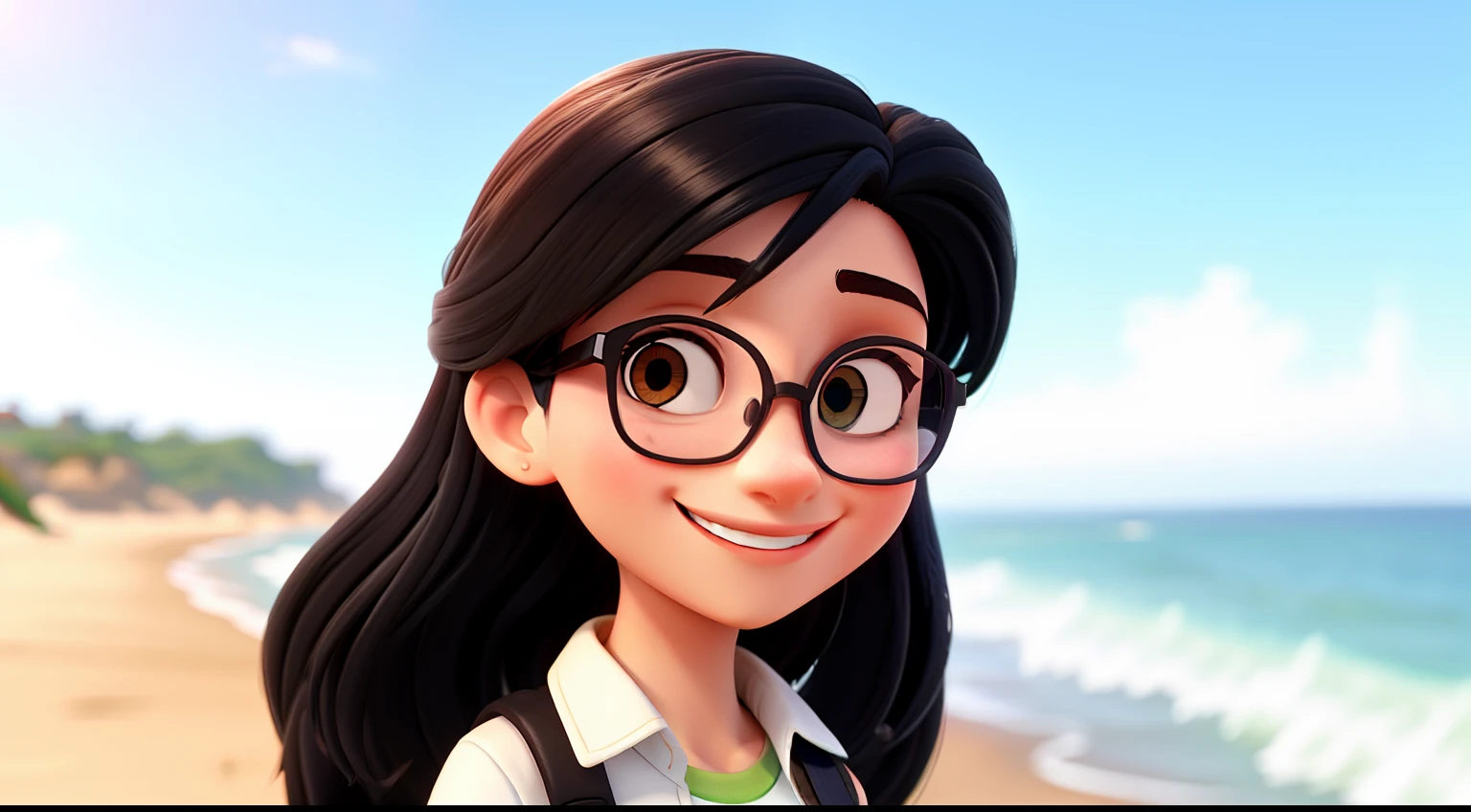 Uma mulher branca, 22 anos, cabelo preto e longo, olhos castanho, wears glasses and smiling. Ambiente na Praia. Imagem tipo Disney