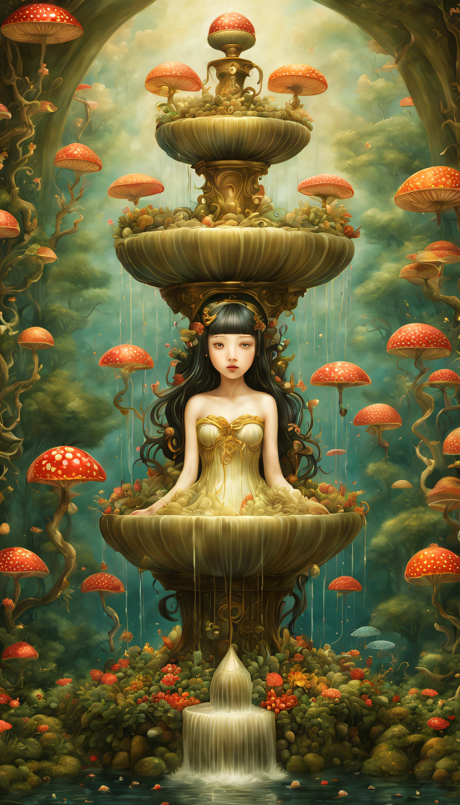 magical,Mysterious, ethereal and surreal fountain，The fountain , the ultra-detailed, ，Draw beautiful digital illustrations，  james r style，by Amy Sole, author：naoto hattori，yayoi kusama, by Ghibli Studio，No border