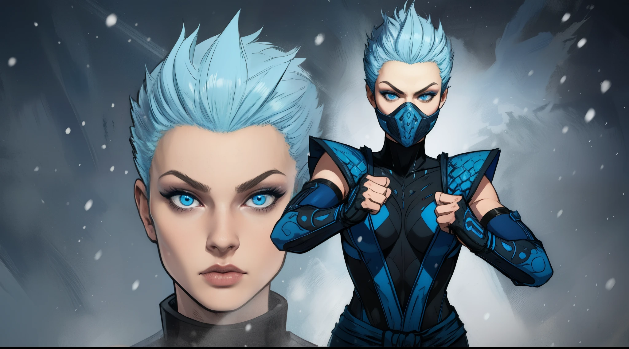 Frost, blue eyes,   mouth mask,  spiked hair, 
 fingerless elbow gloves, bodysuit,  pelvic curtain ,  blue attire, 
standing,  upper body, 
dojo, snow, solo,  
(insanely detailed, beautiful detailed face, masterpiece, best quality)