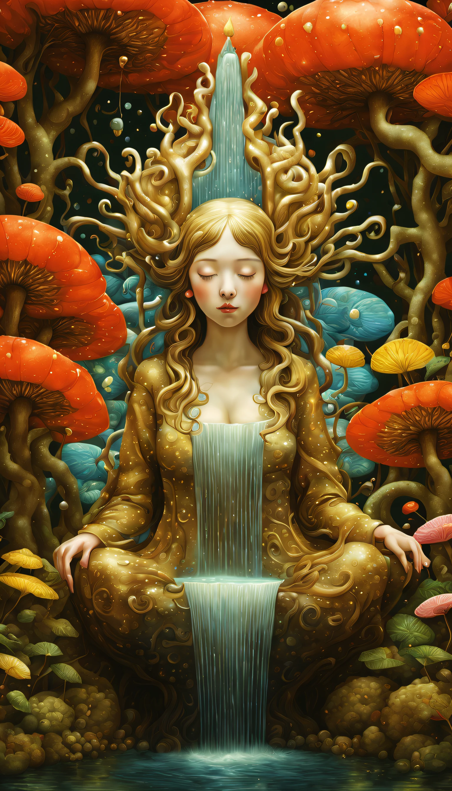 magical,mistic, Ethereal and surreal fountain , （flowingwater），the ultra-detailed, ，Draw beautiful digital illustrations，james r style ，by Amy Saul, author：naoto hattori，yayoi kusama, by Ghibli Studio，No border ，