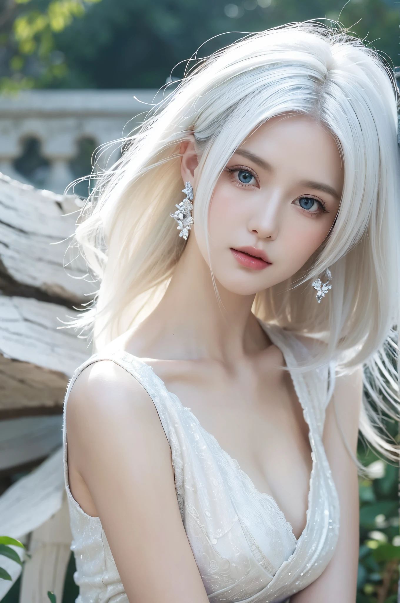 White hair female,close up, concept designs, white background, Yoshitaka Amano style, detailed eyes, detailed lips, elegant breasts, beautiful cleavage, ethereal aura, flowing hair, elegant pose, intricate jewelry, delicate features, fantasy elements, vibrant colors, soft lighting, dreamlike atmosphere, dynamic composition, surreal landscapes, magical aura, intricately designed clothing, celestial theme, wisps of mist, fine brushwork, ethereal beauty, celestial beings, otherworldly presence, mystical elements. (best quality,4k,8k,highres,masterpiece:1.2),ultra-detailed,(realistic,photorealistic,photo-realistic:1.37), HDR, UHD, studio lighting, ultra-fine painting, sharp focus, physically-based rendering, extreme detail description, professional, vivid colors, bokeh, portraits, landscape, horror, anime, sci-fi, photography, concept artists, color palette, soft pastels, luminous shades, ethereal lighting, angelic figures, cosmic inspiration.