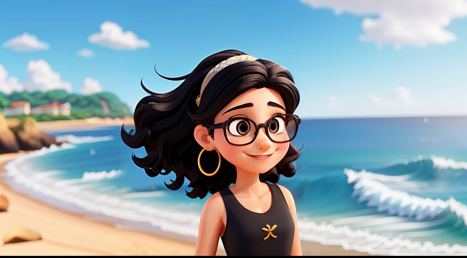 Uma mulher branca, 22 anos, cabelo preto e longo, olhos castanho, wears glasses and smiling. Ambiente na Praia com ondas. Imagem tipo Disney