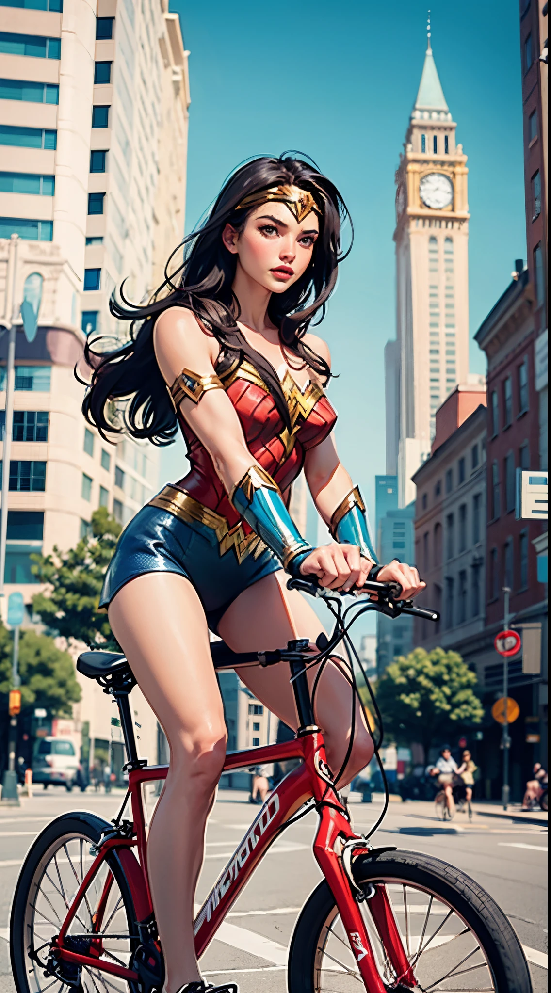 Wonder Woman cycling with her husband in the middle of the city