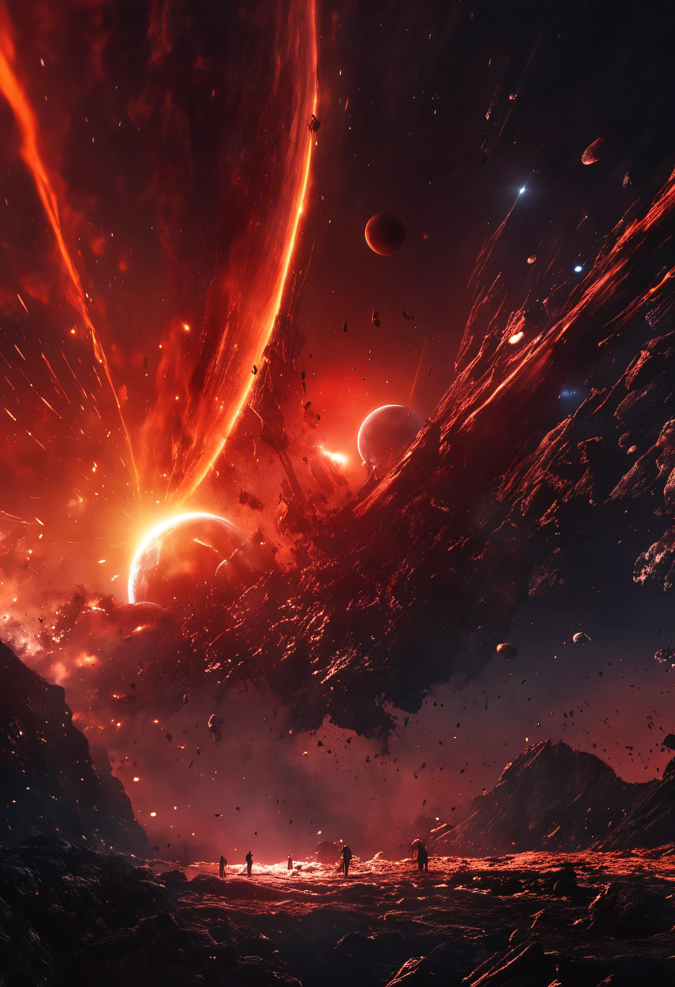 ((best quality)), ((masterpiece)), (dramatic scene), Earth and the sun as sun collapses into a black hole, (apocalyptic lighting:1.3), sun darkening as it implodes, (epic composition:1.2), Earth bathed in red light, (CG animation:1.1), flames and debris being sucked in, (urgent atmosphere:1.2), people fleeing in ships around, (cinematic mood:1.3), nebula clouds and galaxies in background, (high contrast:1.1), (8k resolution:1.0),wujie