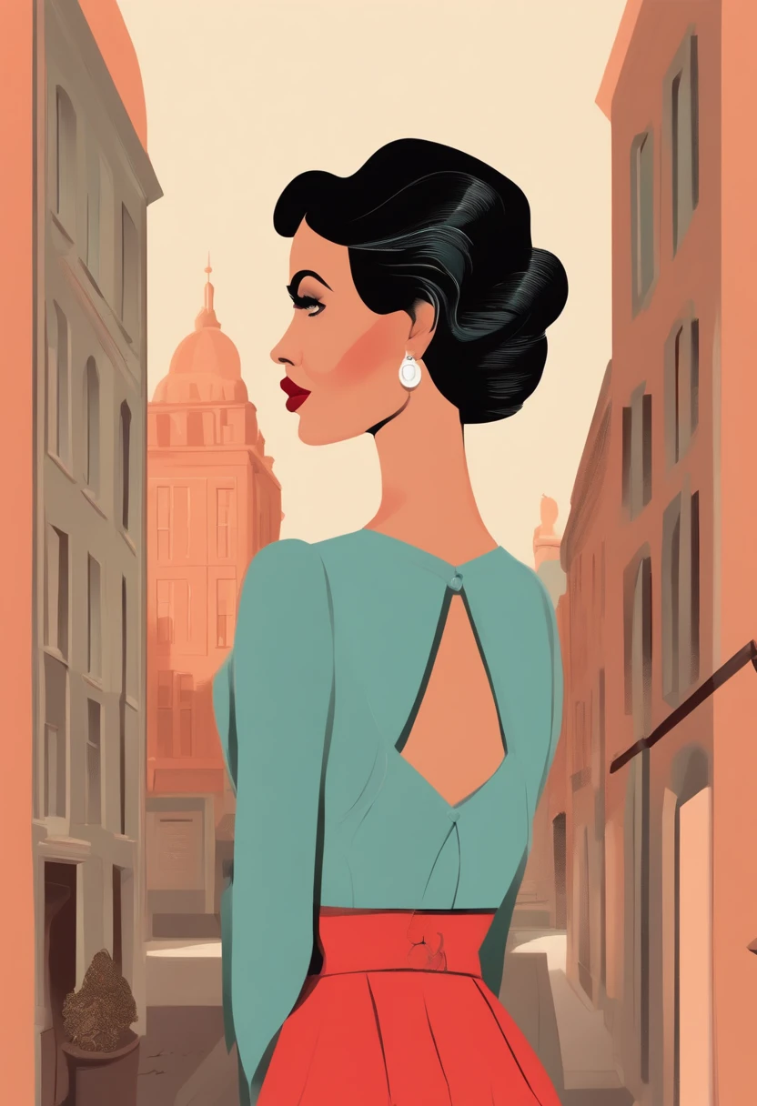 Illustration of a woman with a rather short red square haircut, slightly swarthy skin and two small moles above the lip. Elle marche dans une ville avec divers objets, Editorial illustration pastelcolor, Dans le style de James Gillard, Style dillustration, Artwork by James Gillard, flat illustration, in style of digital illustration, Illustrations de magazines, Editorial illustration, Digital illustration -, #illustration, Illustration de magazine, inspired by James Gilleard, Illustration moderne, illustration | Rutkowski, stylized digital illustration