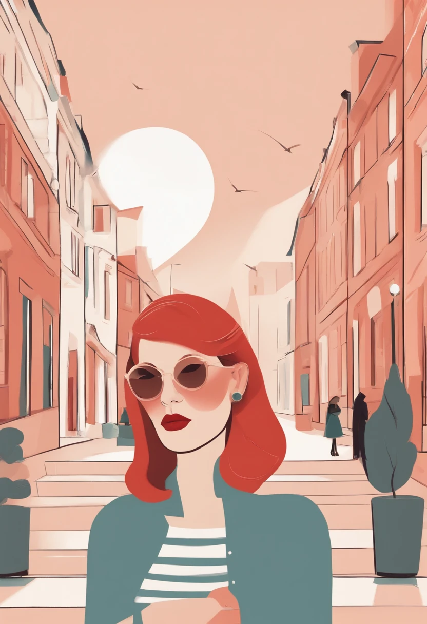 Illustration of a woman with a rather short red square haircut, slightly swarthy skin and two small moles above the lip. Elle marche dans une ville avec divers objets, Editorial illustration pastelcolor, Dans le style de James Gillard, Style dillustration, Artwork by James Gillard, flat illustration, in style of digital illustration, Illustrations de magazines, Editorial illustration, Digital illustration -, #illustration, Illustration de magazine, inspired by James Gilleard, Illustration moderne, illustration | Rutkowski, stylized digital illustration