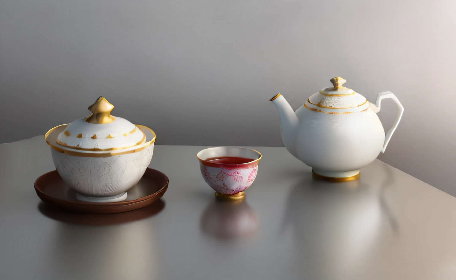 Close-up of teapot and cup on table, Environmental occlusion, Ambient occlusion rendering, Ambient occlusion rendering, High Poly, Super ambient occlusion, Environmental occlusion:3, ambient reflection occlusion, raytraced render, Volumetric diffuse shading, Environmental occlusion, The shadow in vray cantonese opera tea cup has cantonese opera pattern tea cover as headdress of cantonese opera character