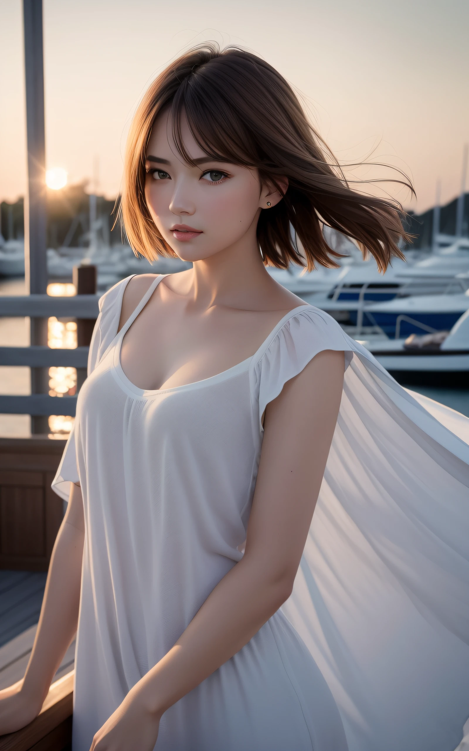 masterpiece, Best Quality, 8K, 1 girl, yacht harbor at dusk, 18 yo, medium breasts⁩, mouth slightly open, cute little, Solo, sad, Clothes suitable for autumn, Cute, Girly, Delicate girl, Neat and clean beauty, Raw photo, Professional Photography, Portrait, Soft light, Professional Lighting, Back lighting, Upper body, see the beholder, Sophisticated, Film grain, (Eyes and faces with detailed:1.0), Short hair swaying in the wind, beautiful flowing brown hair,