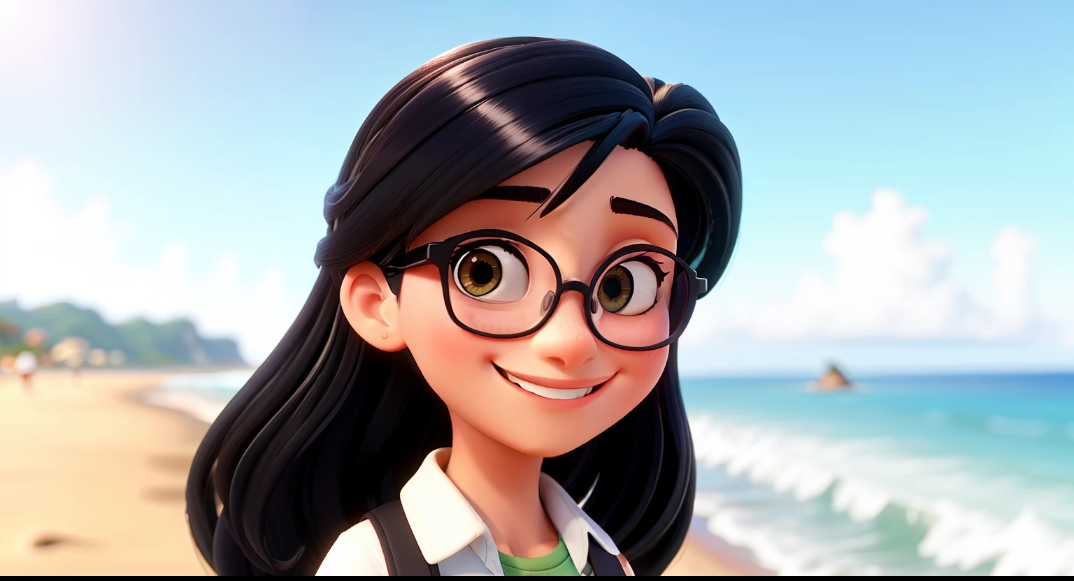 Uma mulher branca, 22 anos, cabelo preto e longo, olhos castanho, wears glasses and smiling. Ambiente na Praia com ondas. Imagem tipo Disney