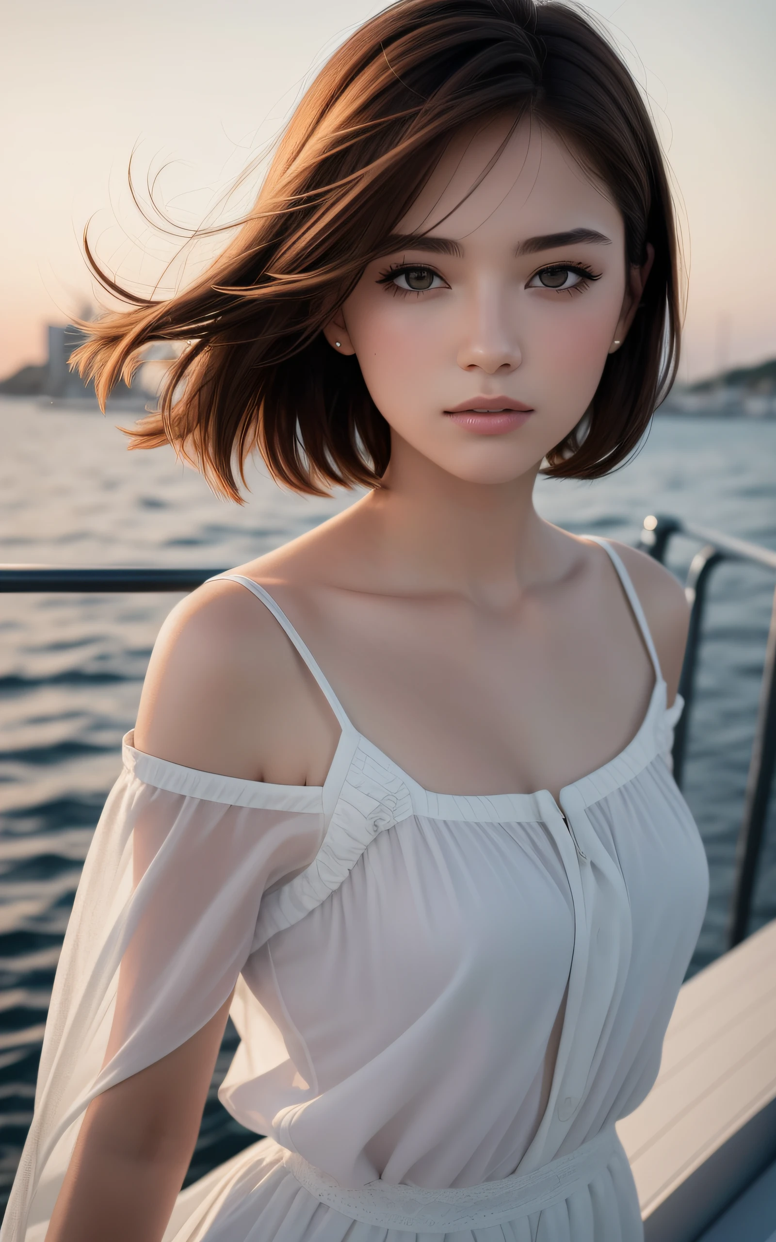 masterpiece, Best Quality, 8K, 1 girl, yacht harbor at dusk, 18 yo, medium breasts, mouth slightly open, cute little, Solo, sad, Clothes suitable for autumn, Cute, Girly, Delicate girl, Neat and clean beauty, Raw photo, Professional Photography, Portrait, Soft light, Professional Lighting, Back lighting, Upper body, see the beholder, Sophisticated, Film grain, (Eyes and faces with detailed:1.0), Short hair swaying in the wind, beautiful flowing brown hair,