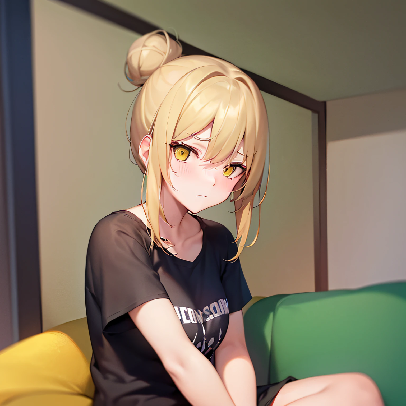 ​masterpiece、hightquality、The background is the living room at night、(yellow sofa, sitting on)、Bold composition、(blonde  hair, hair bun, yellow  eyes)、An 18-year-old woman、(a black T-shirt, oversized clothes, )、(Alone:1.5)、(Embarrassed and troubled expression:1.1)、(Upper body is shown.:1.3)、shoot from below