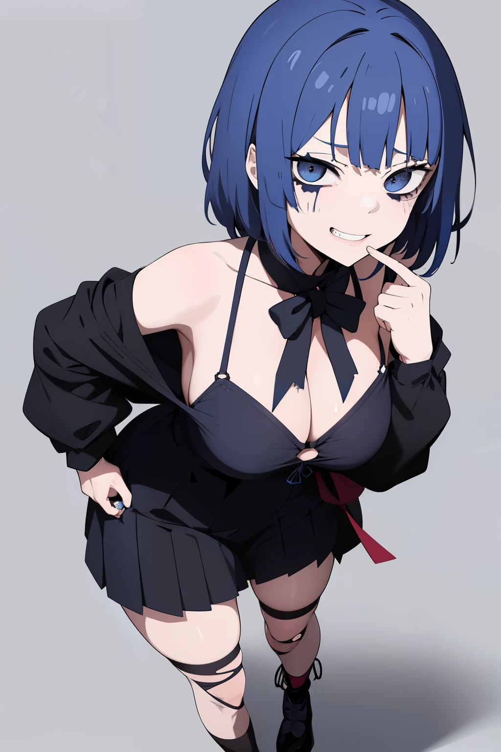 Cute girl , blue  hair , Patchwork face , black clothes , One dark blue eye and one gray eye , adult girl , full body , Light blue hair , Patchwork face , stitched face , torn face , Crazy smile , sexy