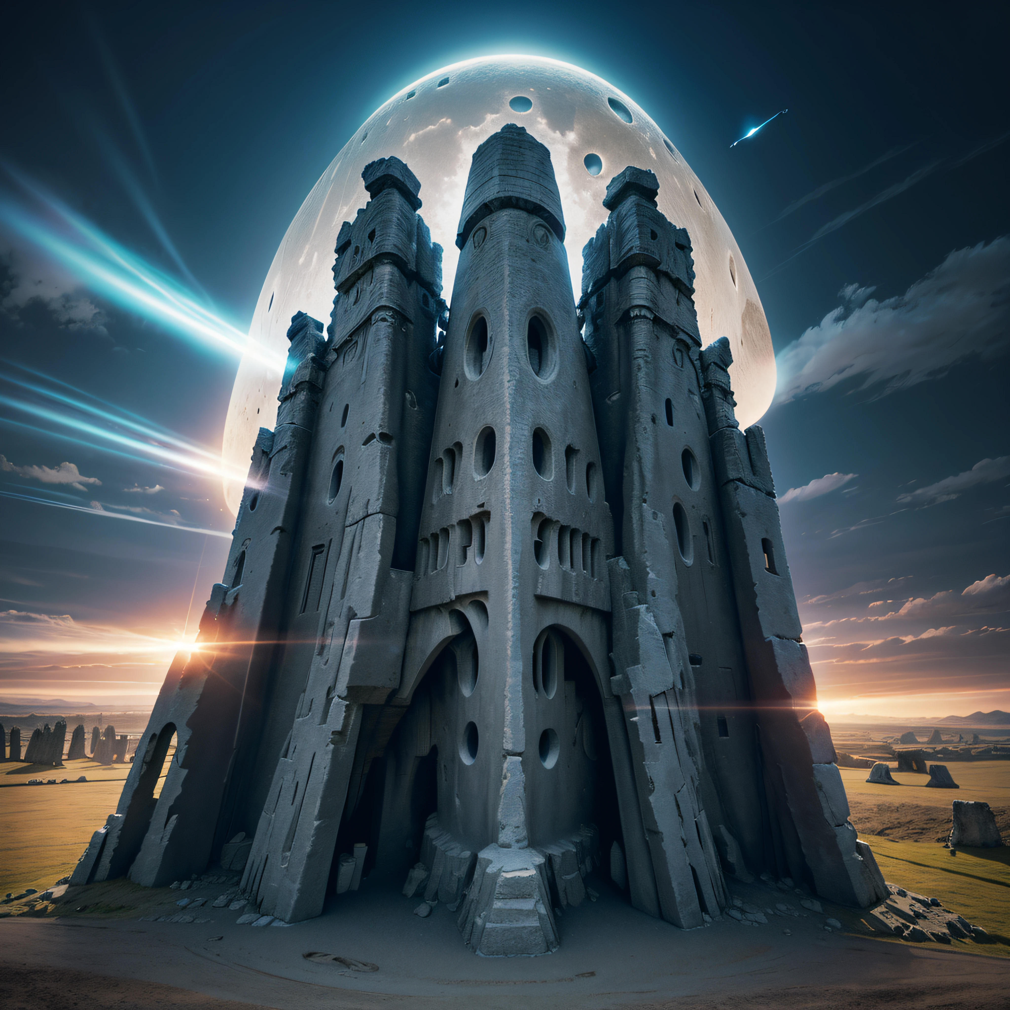 spaceship flying over stonehenge with a beam of light coming from it, ancient alien portal, alien spaceship in the sky, an intact ancient alien ship, alien mothership in the sky, alien structure, ufo aliens, with stone henge on top, ancient alien tools and houses, alien spaceship, ufo landing, ufo, ufos, the ufo is over the city, megalithic art by Ray Shark