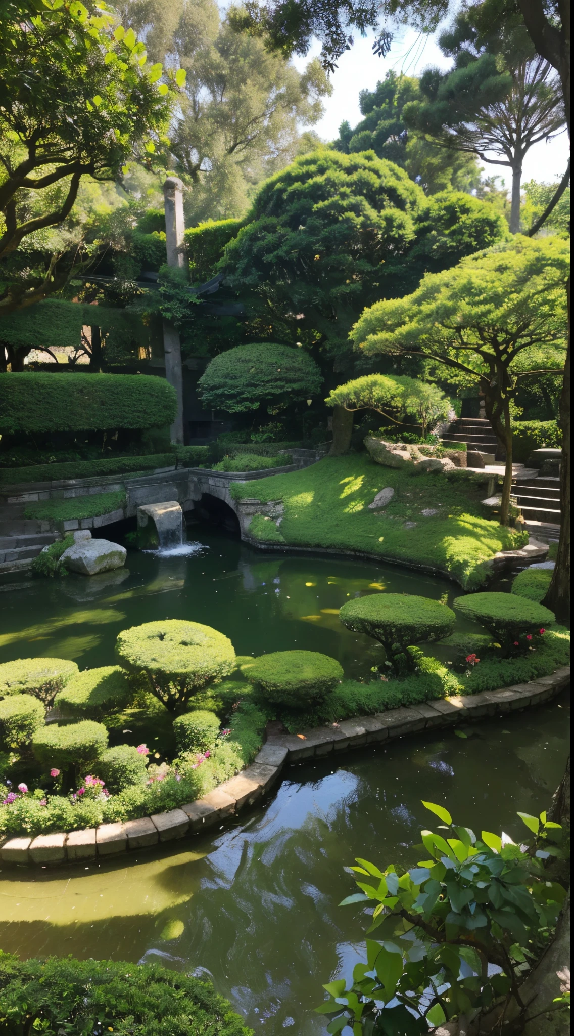 Verdant Suzhou Garden with artistically pruned and arranged deciduous and evergreen trees intermingled, featuring ancient vine tendrils twisted artistically like a beautiful painting, symbolizing abundance and joy