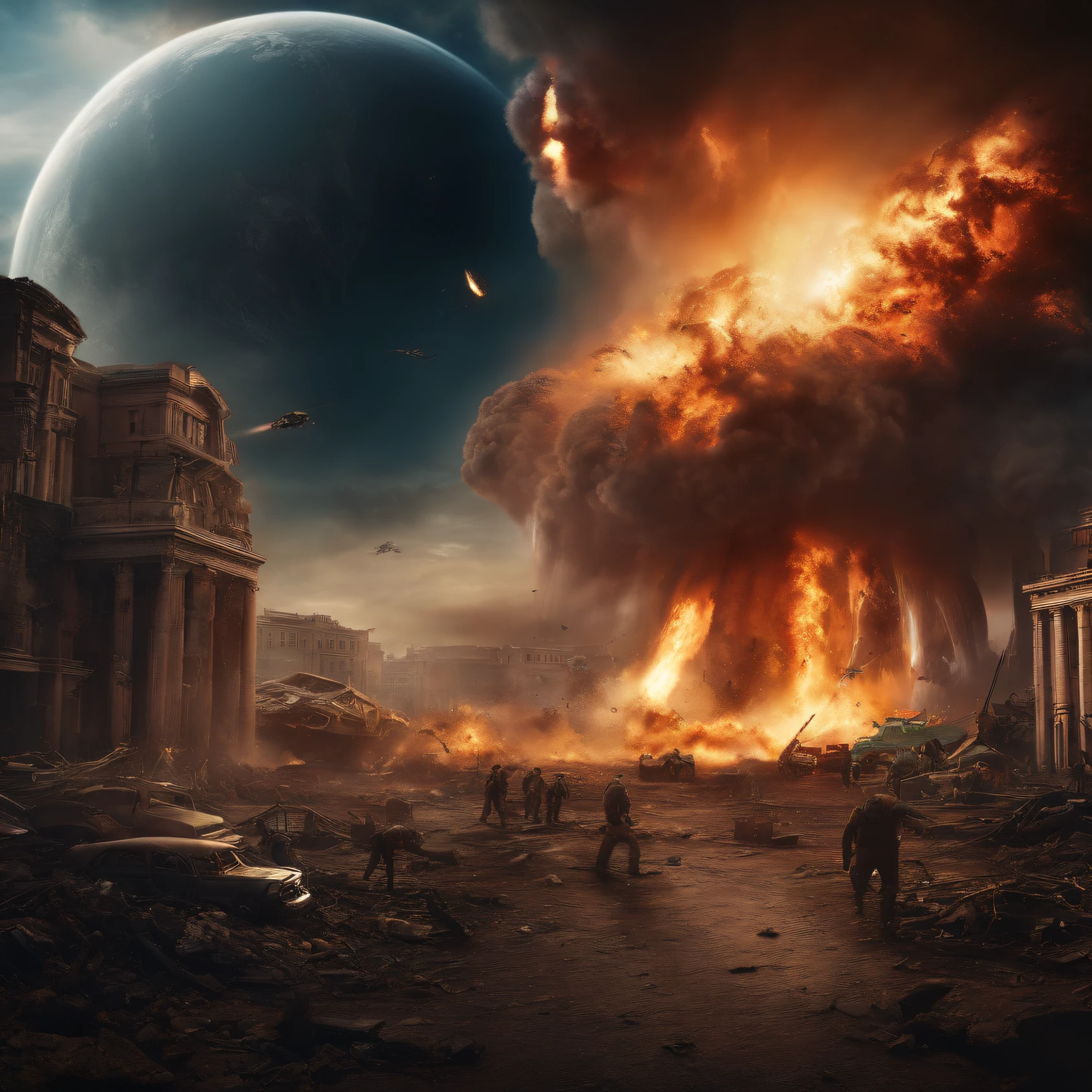 Destruction scene when aliens invade the earth, Cause chaos and destruction