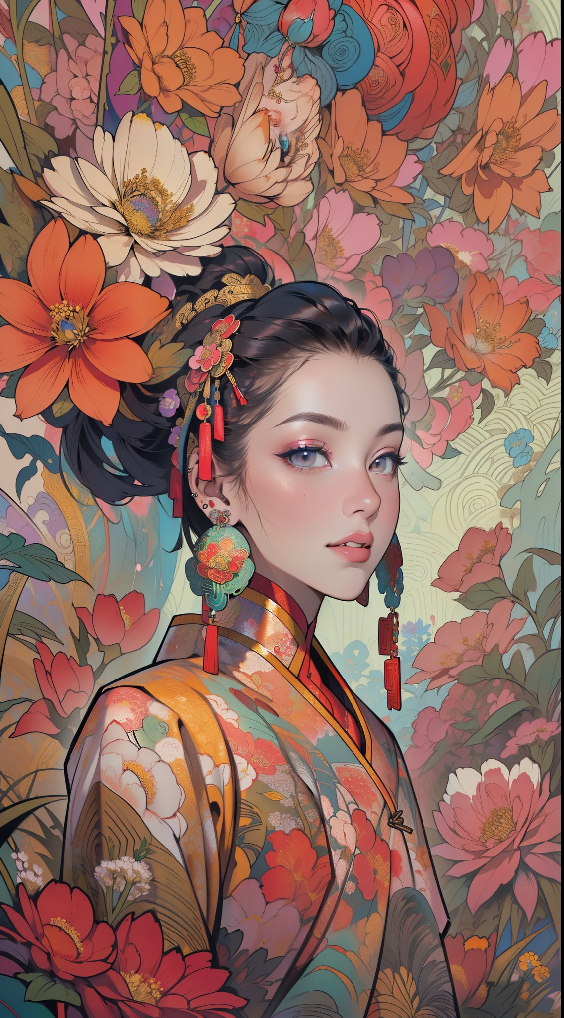 (masterpiece, top quality, best quality, official art, beautiful and aesthetic:1.2), (1girl:1.3), extremely detailed,(fractal art:1.1),(colorful:1.1)(flowers:1.3),highest detailed,(zentangle:1.2), (dynamic pose), (abstract background:1.3), (chinese Traditional cloth:1.2), (shiny skin), (many colors:1.4), ,(earrings:1.4),