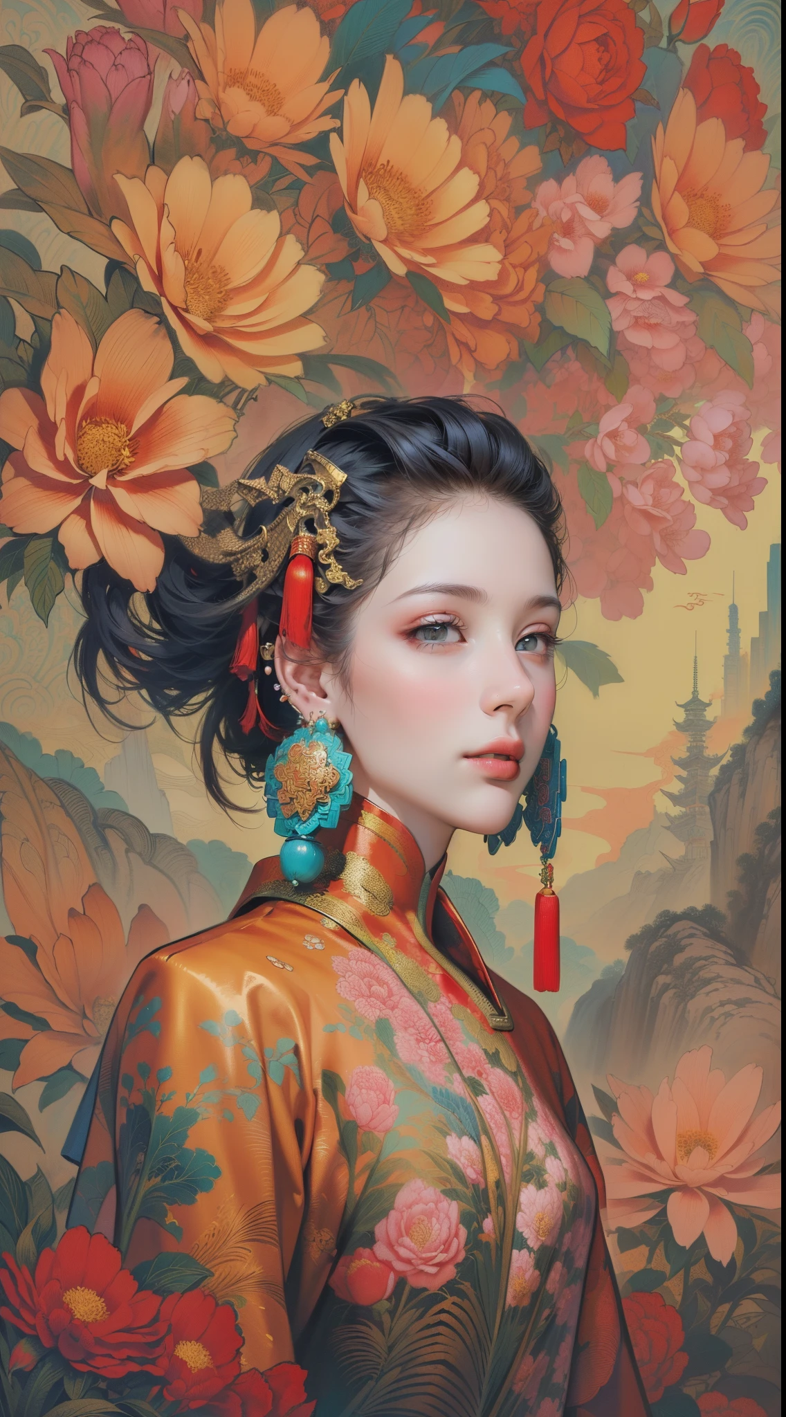 (masterpiece, top quality, best quality, official art, beautiful and aesthetic:1.2), (1girl:1.3), extremely detailed,(fractal art:1.1),(colorful:1.1)(flowers:1.3),highest detailed,(zentangle:1.2), (dynamic pose), (abstract background:1.3), (chinese Traditional cloth:1.2), (shiny skin), (many colors:1.4), ,(earrings:1.4),