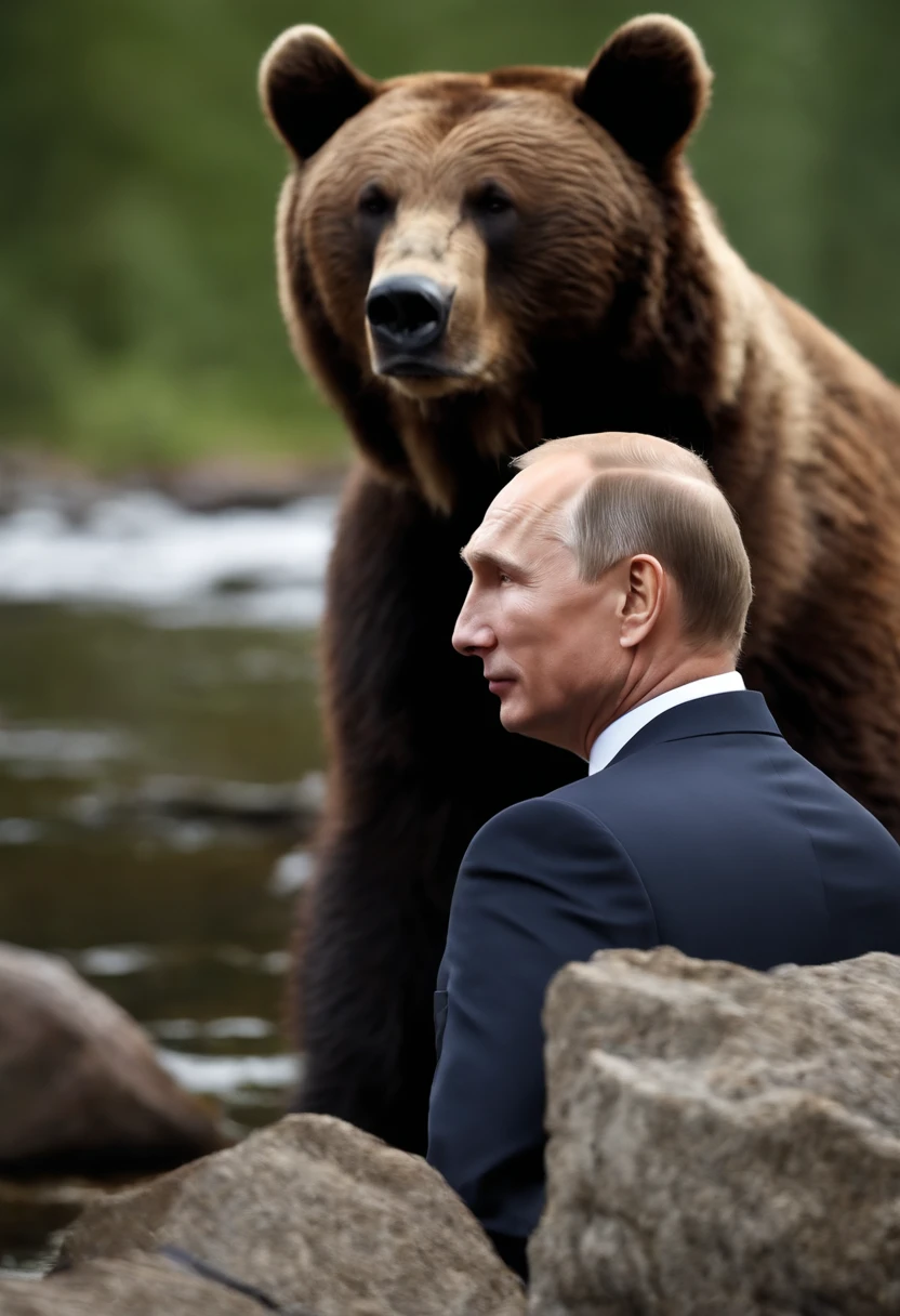 A photo of Putin admiring a powerful Russian bear in the wild.,original,Vladimir Putin, the Russian President, presents a carefully crafted image: he is typically seen with a short, neat haircut and a lean, athletic physique, often dressed in suits that project an image of formality and power. His public persona is one of sternness and resolve, with a steely gaze and a rarely seen smile, adding to his aura of seriousness and determination.