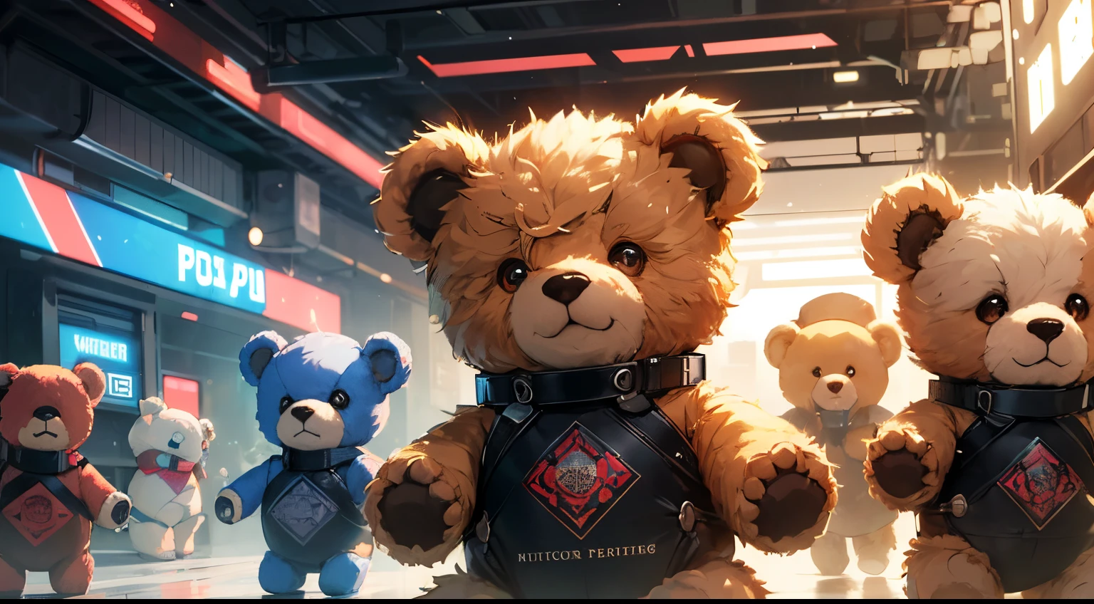 Cyberpunk style background，laser，The cities of the future，A group of happy teddy bears，Extremely cute furry artist teddy bear baby having fun wearing dress，Gorgeous fantasy imagination background，Ultra HD large image，artist style，Rich and professional lighting effects，A group of little teddy bears playing，Perfect facial detail，
