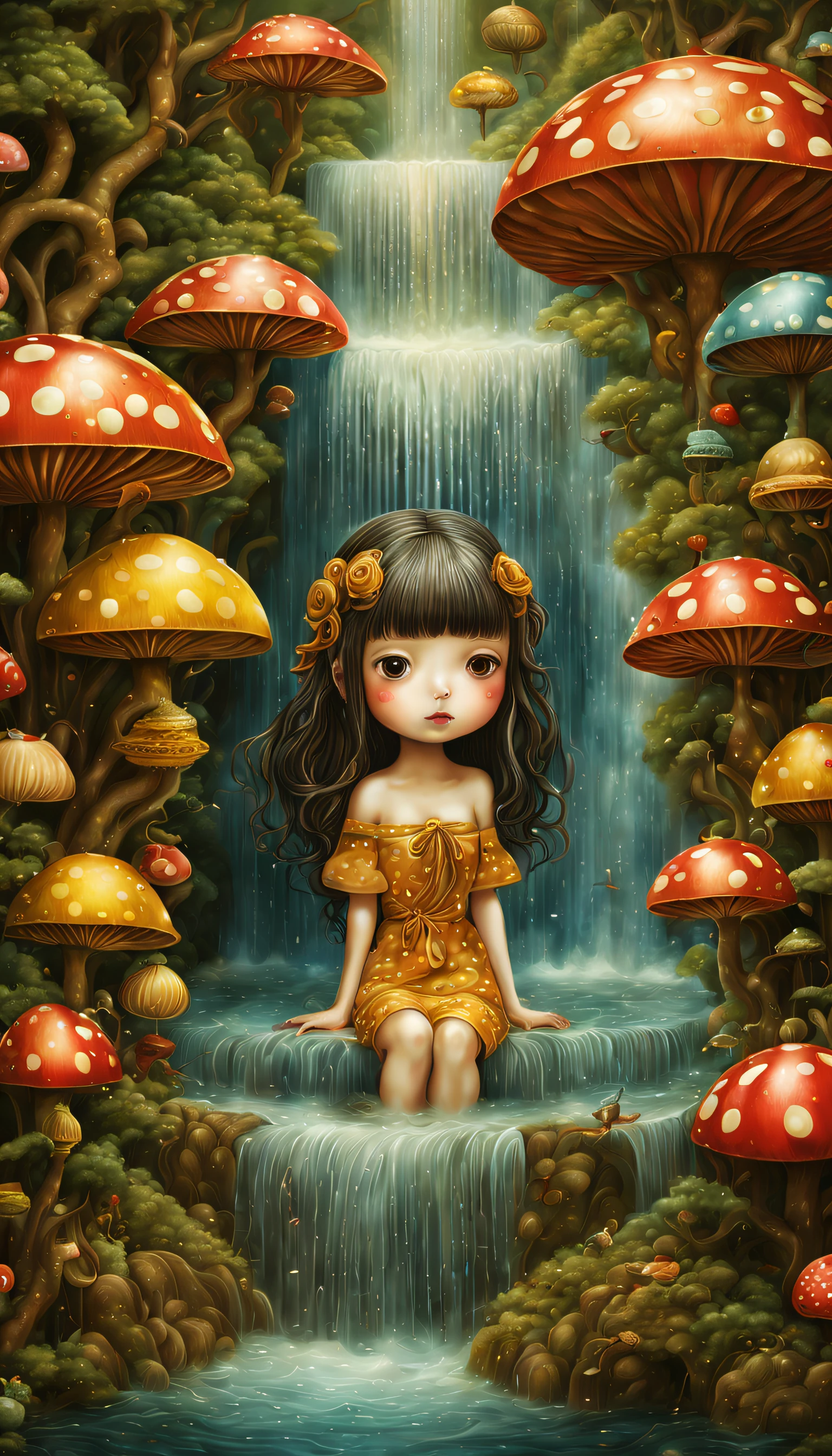 magical, Mysterious and surreal fountain , （lots of flowing water），waterfallr，the ultra-detailed, ，Draw beautiful digital illustrations，james r style ，by Amy Saul, author：naoto hattori，yayoi kusama, by Ghibli Studio，no border ，