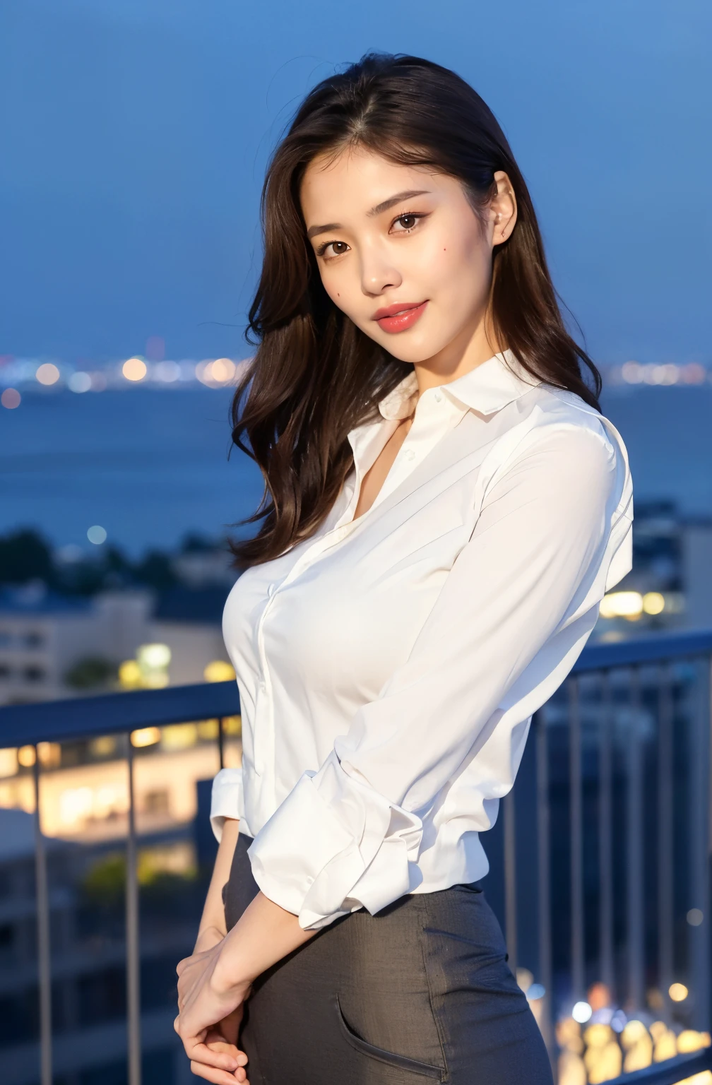 ((Best quality, 8k, Masterpiece :1.3)), Whole body, Long legs, Sharp focus :1.2, A pretty woman with perfect figure :1.4, Slender abs :1.1, ((Dark brown hair, Big breasts :1.2)), (Light fabric white shirt, Happy expression, Standing:1.2), ((Night city view, Balcony :1.3)), Highly detailed face and skin texture, Detailed eyes, Double eyelid